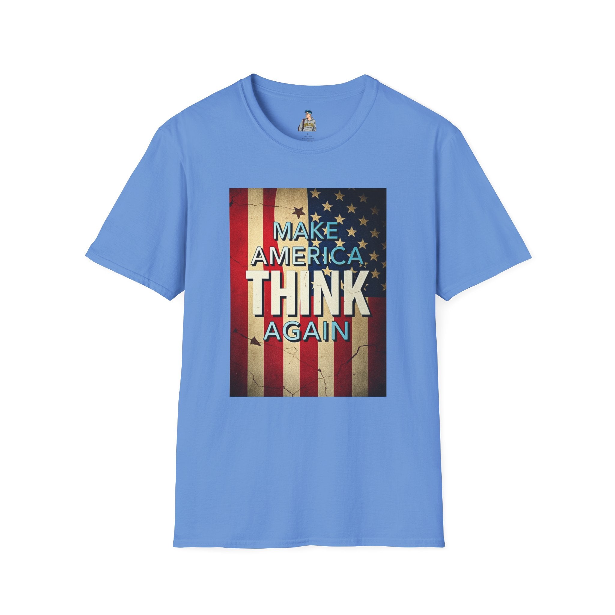 Make America Think Again Unisex Softstyle T-Shirt - Vintage Flag Design