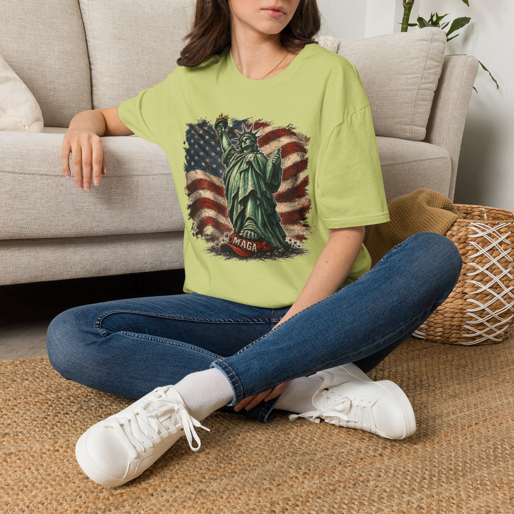 Statue of Liberty Stepping on MAGA American Flag T-Shirt — Patriotic USA Independence Day Tee