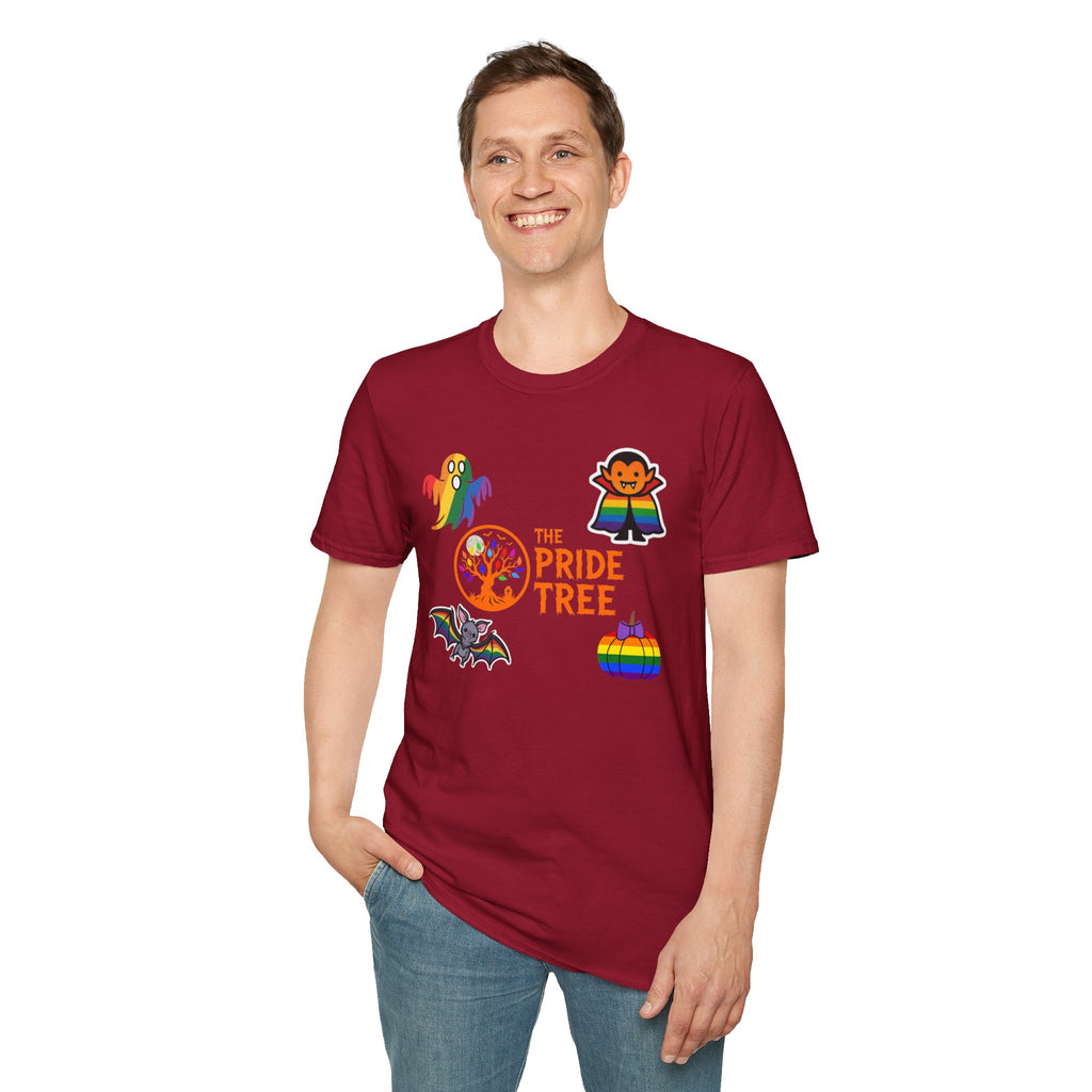 The Pride Tree Halloween T‑Shirt — Rainbow Ghosts, Pumpkins & Bat Graphic Tee