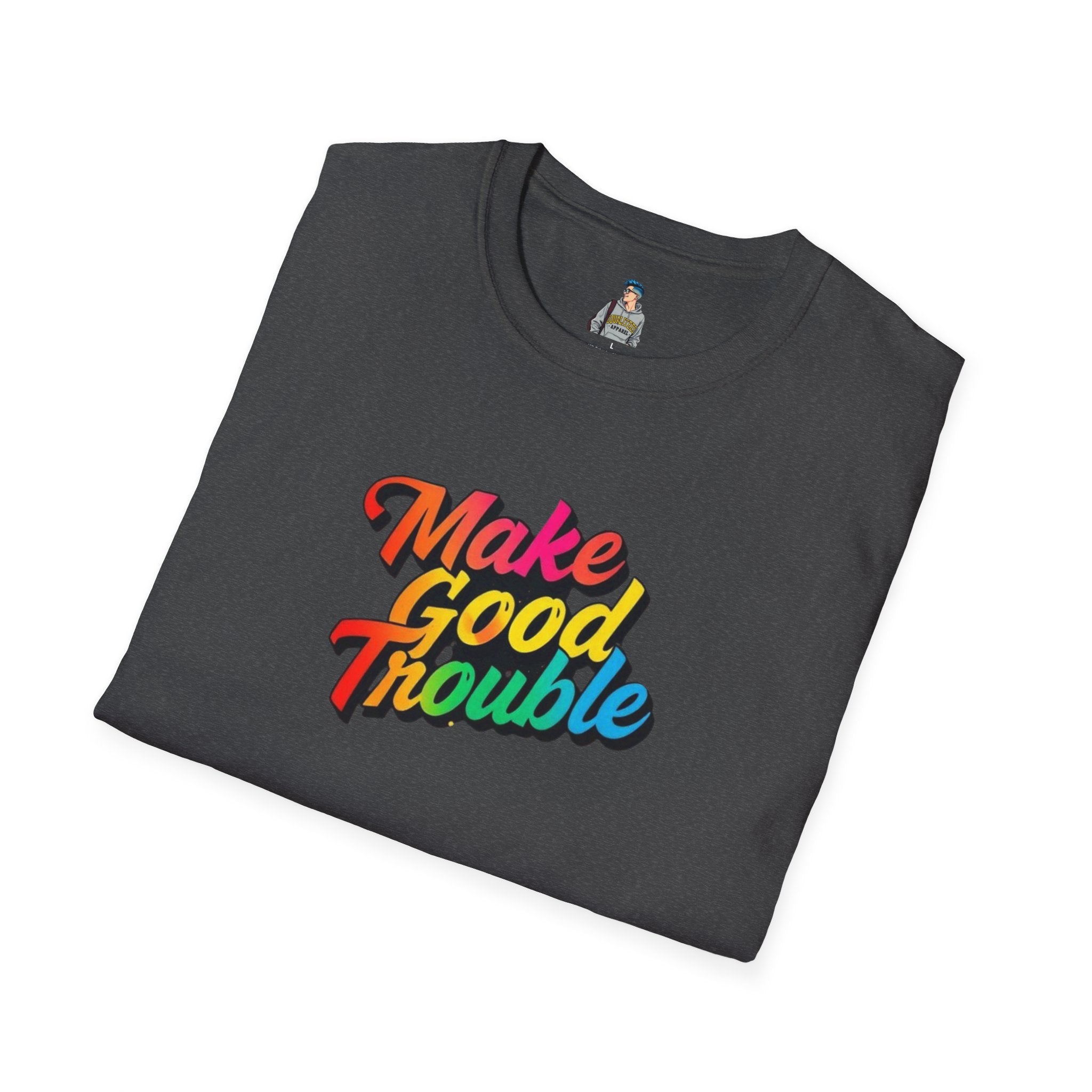Inspirational Unisex Softstyle T-Shirt - 'Make Good Trouble' Rainbow Statement Tee