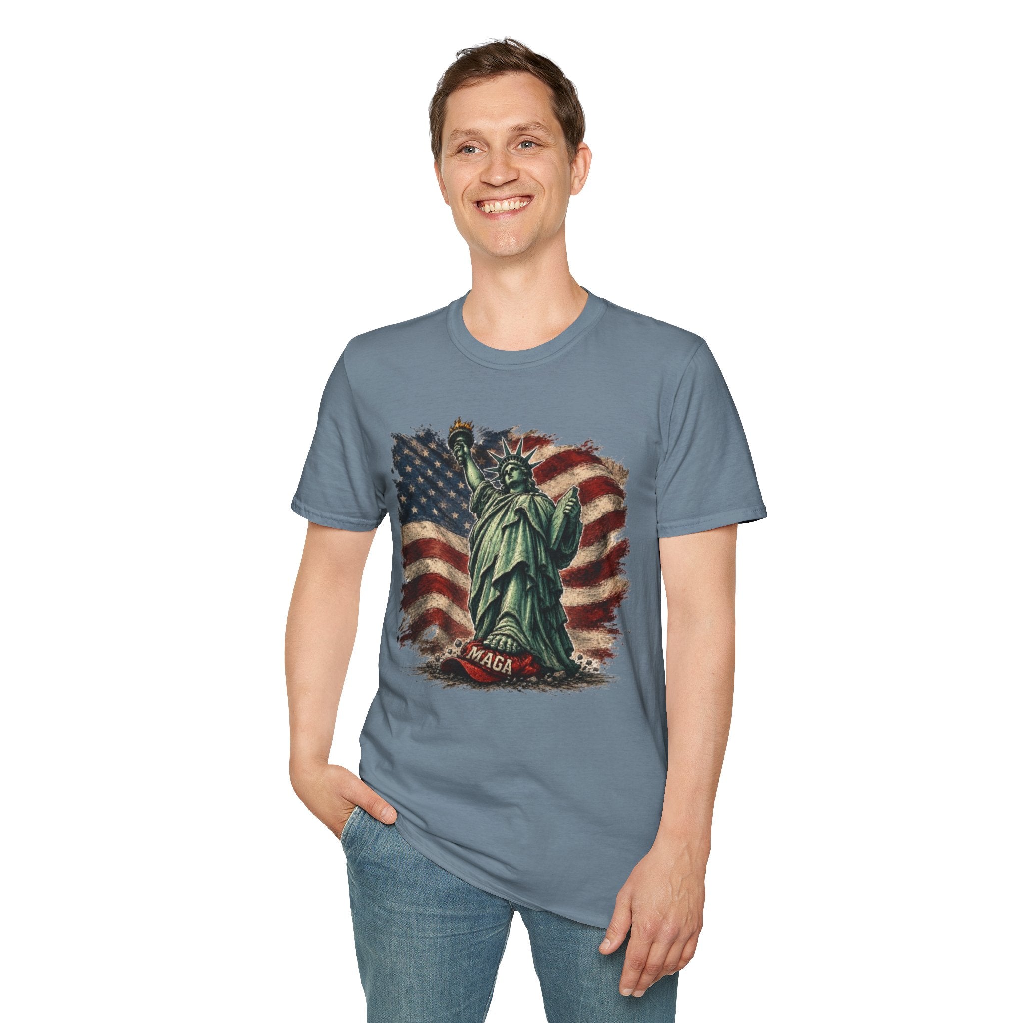 Statue of Liberty Stepping on MAGA American Flag T-Shirt — Patriotic USA Independence Day Tee
