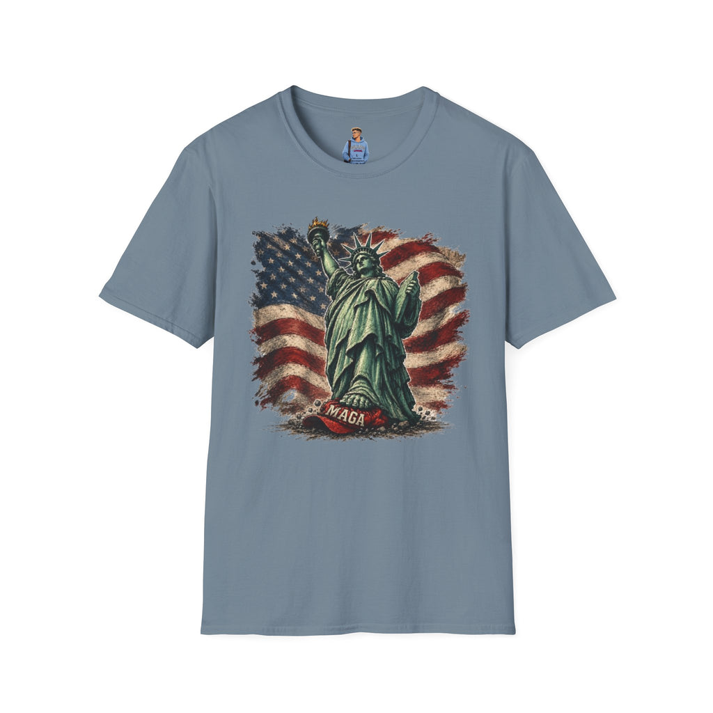 Statue of Liberty Stepping on MAGA American Flag T-Shirt — Patriotic USA Independence Day Tee