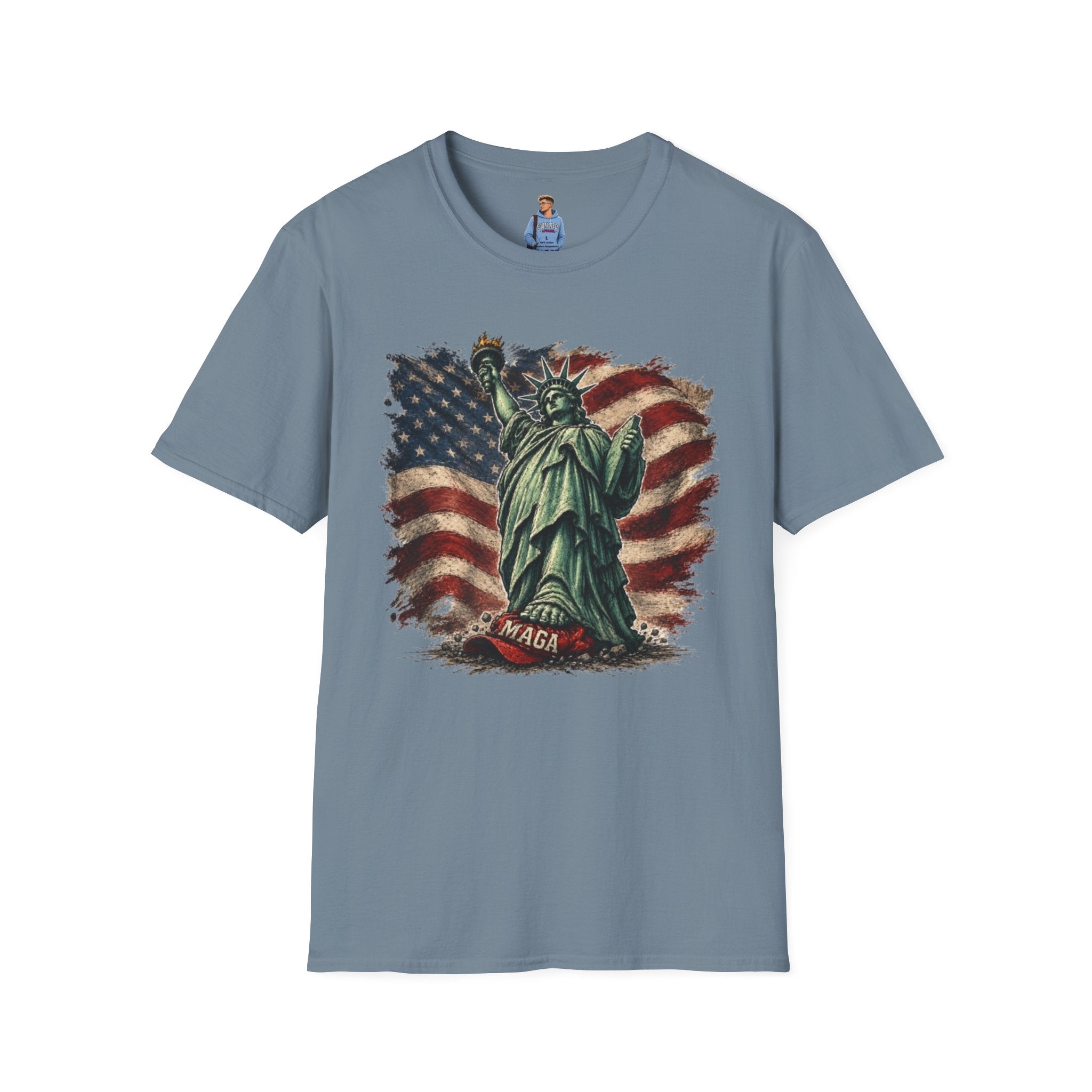 Statue of Liberty Stepping on MAGA American Flag T-Shirt — Patriotic USA Independence Day Tee