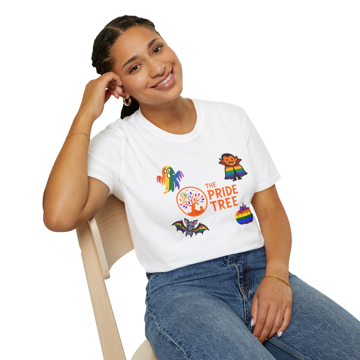 The Pride Tree Halloween T‑Shirt — Rainbow Ghosts, Pumpkins & Bat Graphic Tee