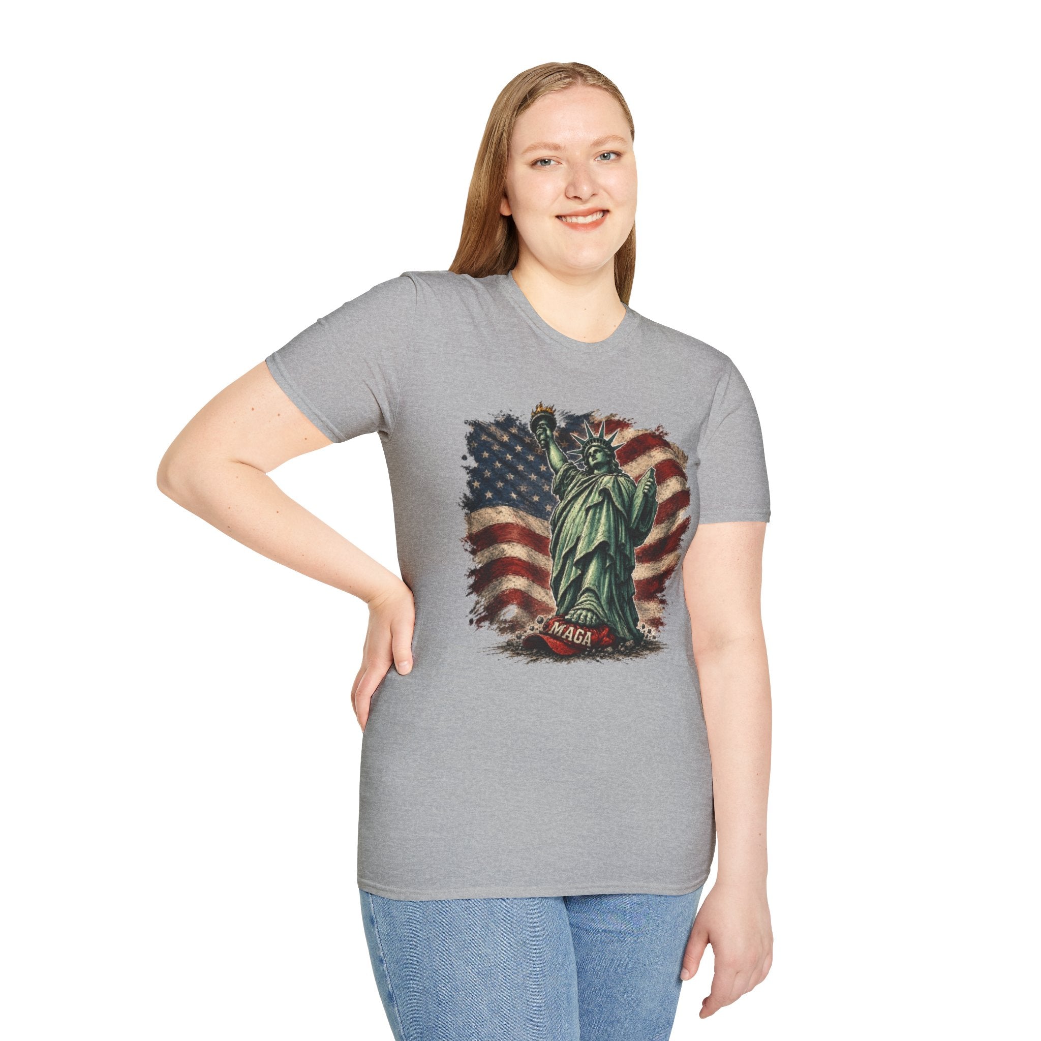 Statue of Liberty Stepping on MAGA American Flag T-Shirt — Patriotic USA Independence Day Tee
