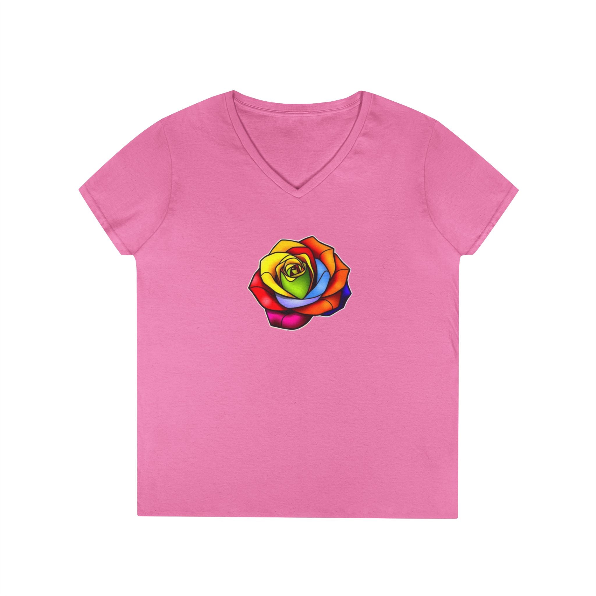 Rainbow Rose Ladies' V-Neck T-Shirt - Colorful Floral Design