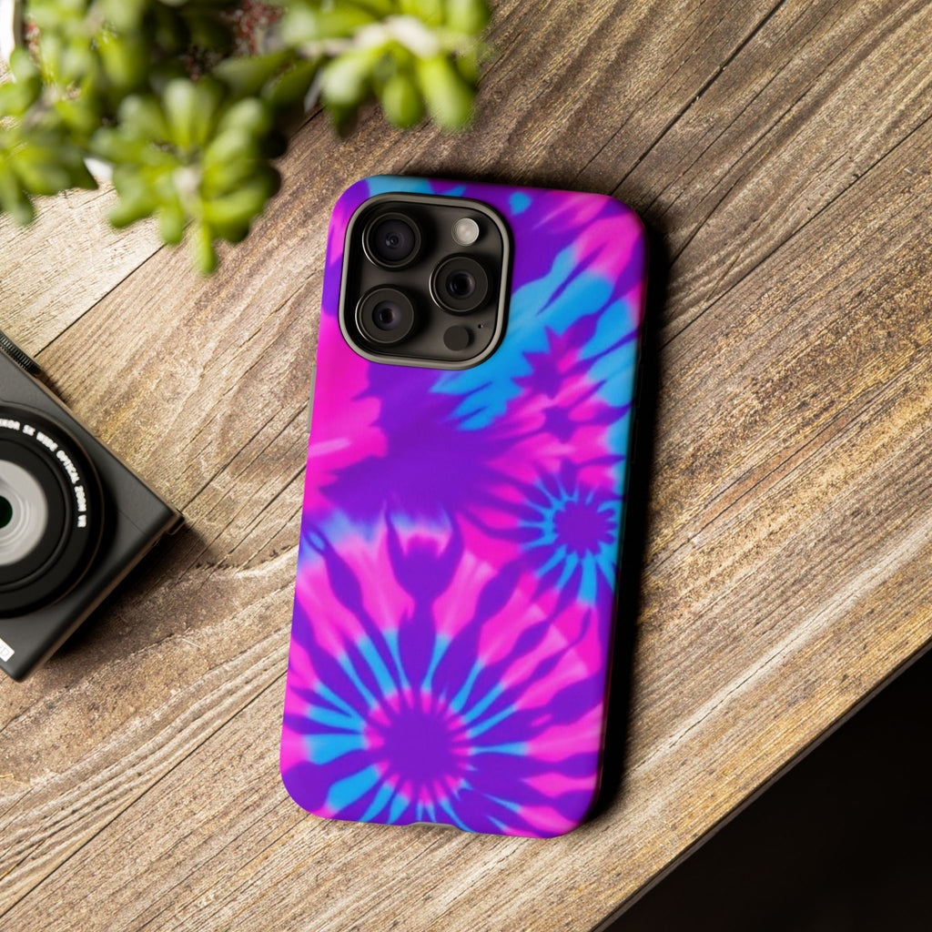 Tie-Dye Floral Phone Case for iPhone — Pink & Blue Retro Protective Tough Case