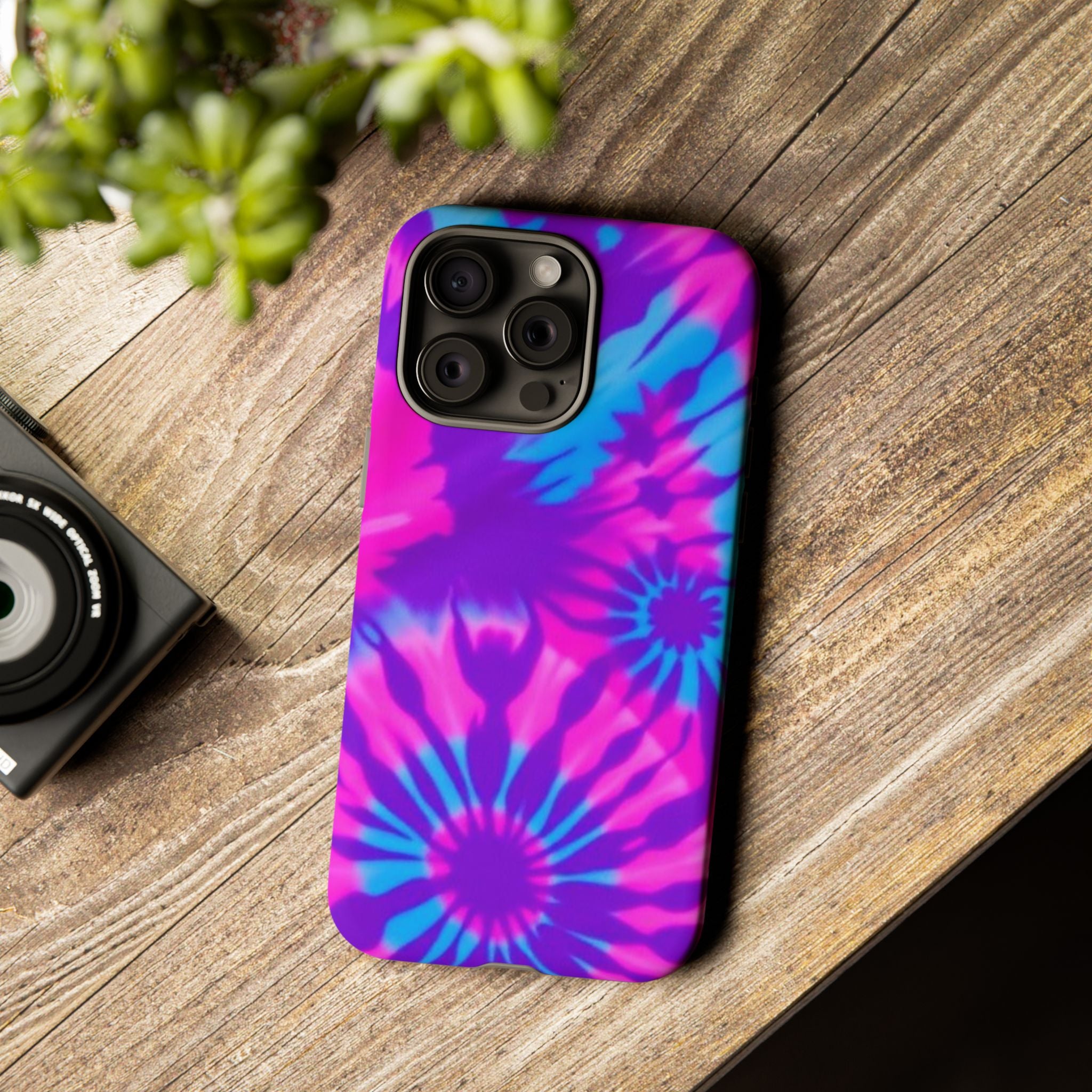 Tie-Dye Floral Phone Case for iPhone — Pink & Blue Retro Protective Tough Case