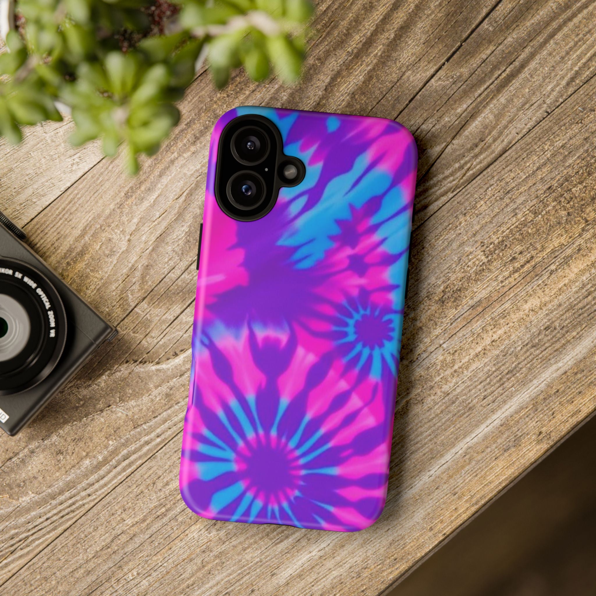 Tie-Dye Floral Phone Case for iPhone — Pink & Blue Retro Protective Tough Case