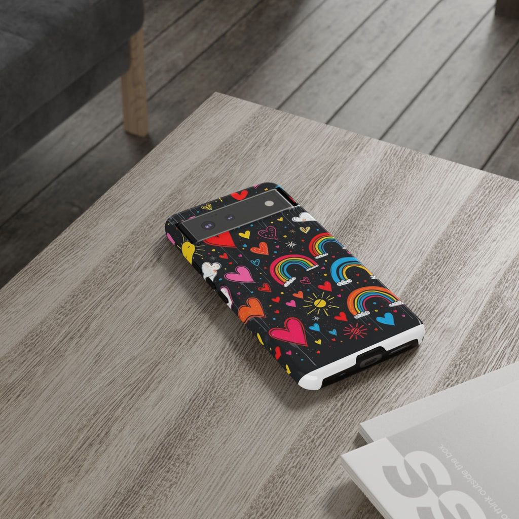 Android OR iPhone Compatible Cases - Doodle Hearts and Rainbows Design