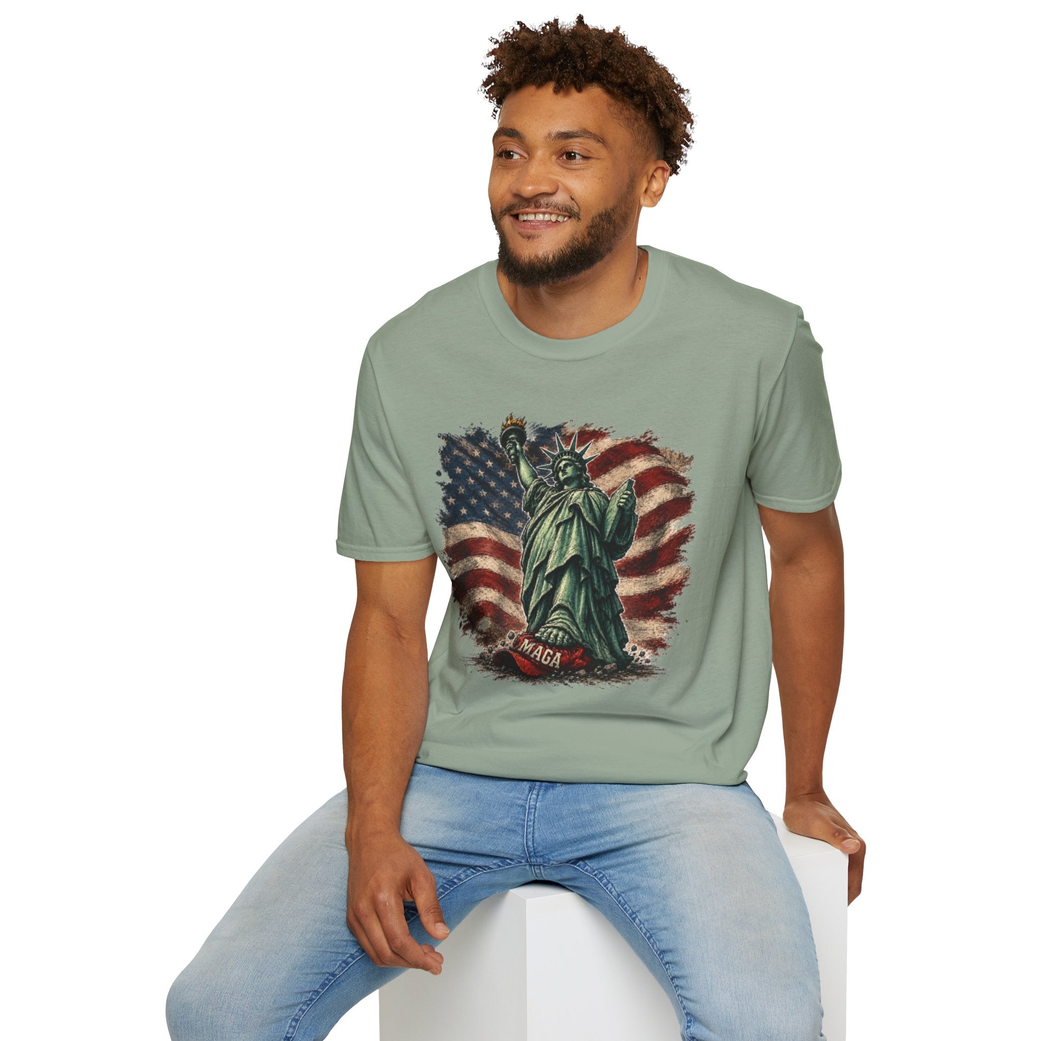 Statue of Liberty Stepping on MAGA American Flag T-Shirt — Patriotic USA Independence Day Tee