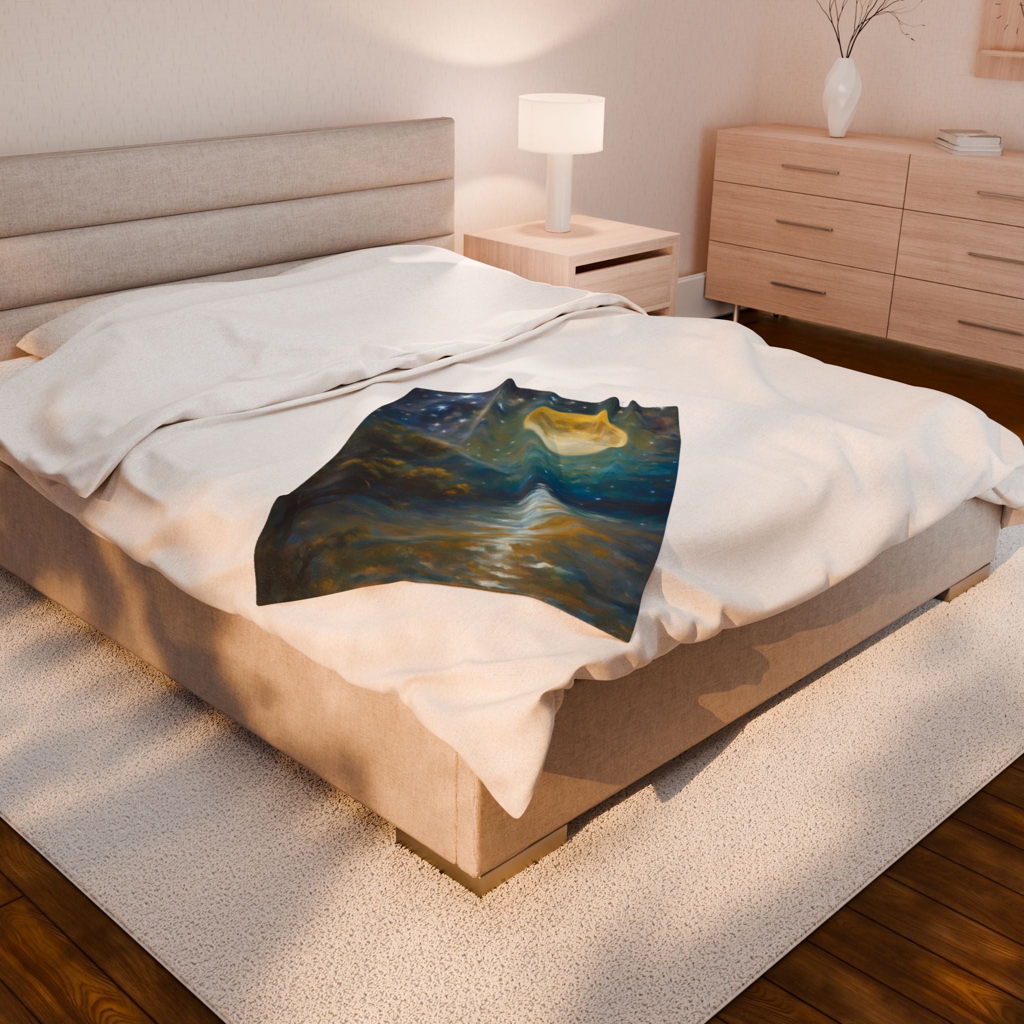 Moon over Docile Waters Impressionist Print Velveteen Plush Blanket – For Comfort and Warmth