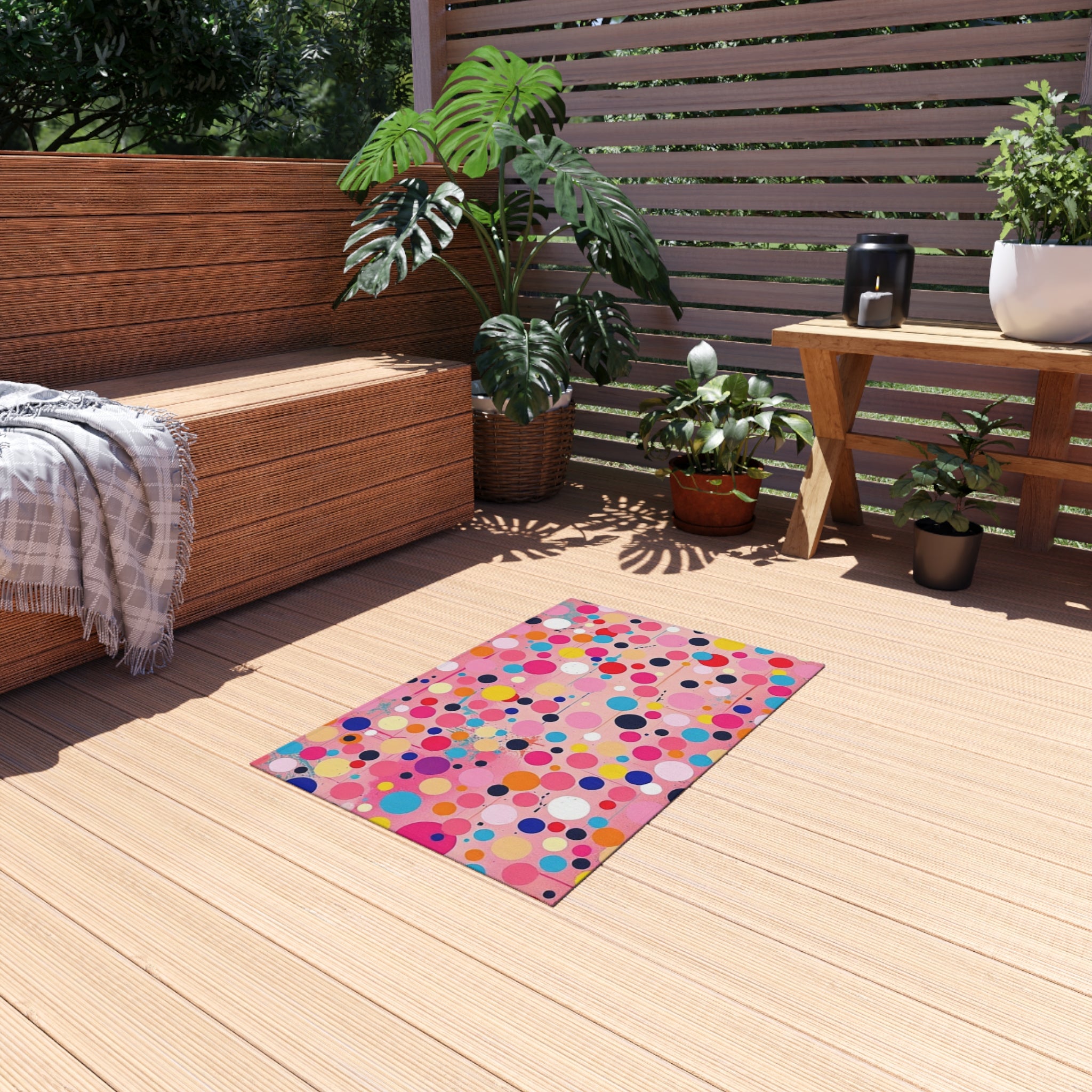 Abstract Dots and Pink Confetti Outdoor Rug - Colorful Decorative Mat for Patios & Gardens