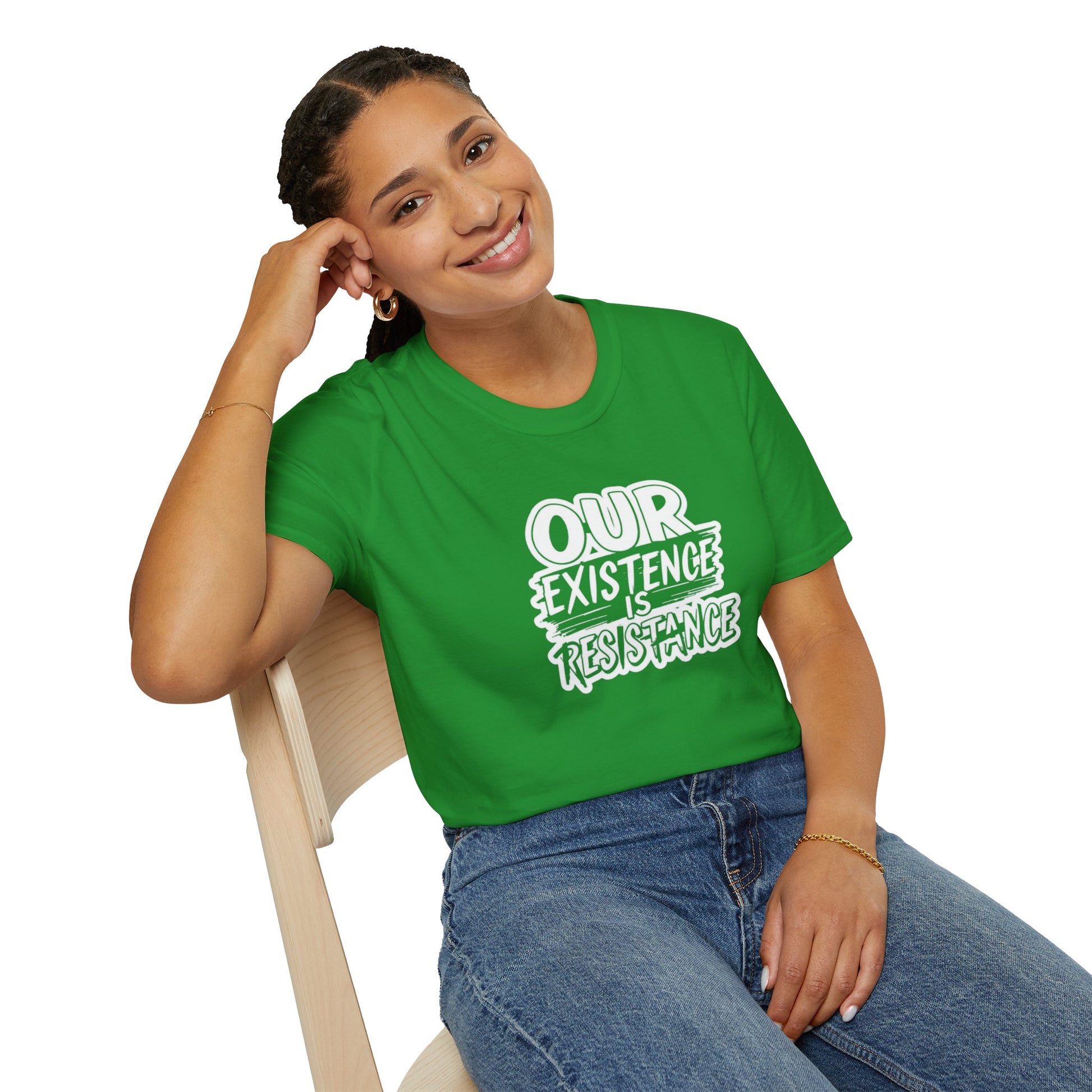 Unisex Softstyle T-Shirt - "Our Existence is Resistance" - Motivational Tee for Activists, Casual Wear, Gift for Change-makers