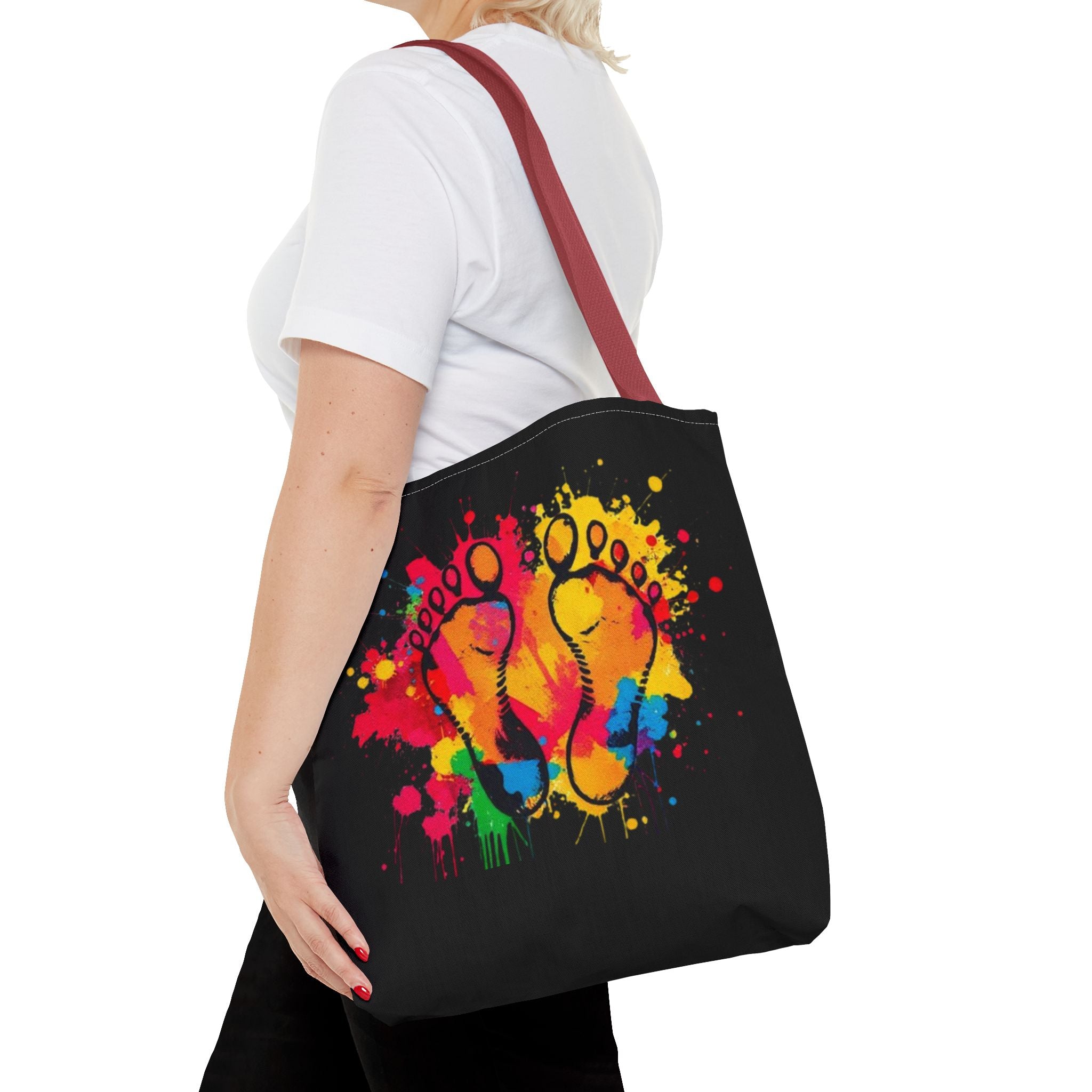 Rainbow Paint Splatter Footprints Tote Bag