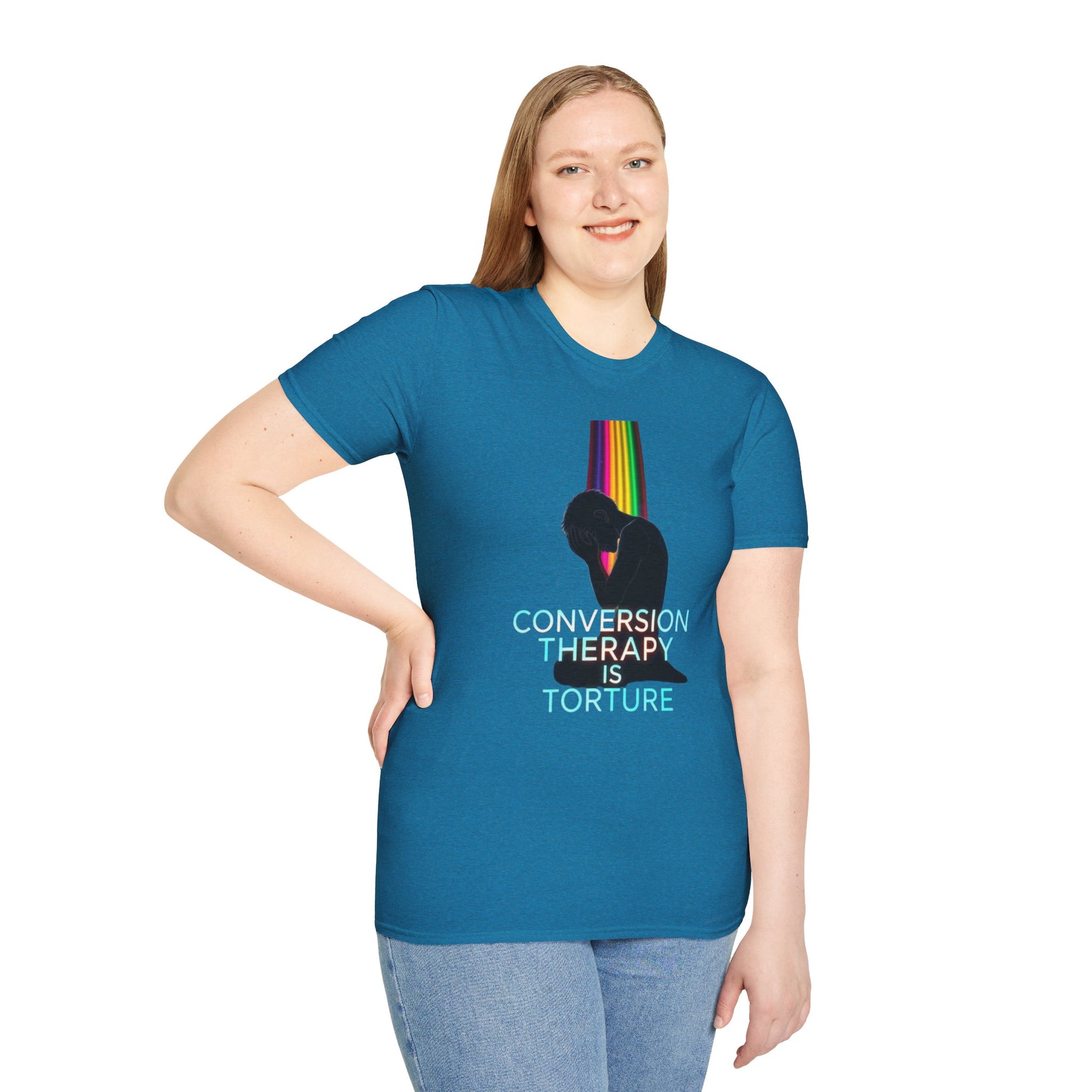 Unisex Softstyle T-Shirt: "Conversion Therapy is Torture" & "We All Belong" - LGBTQ+ Empowerment Tee