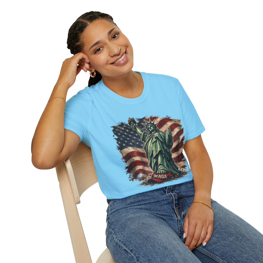 Statue of Liberty Stepping on MAGA American Flag T-Shirt — Patriotic USA Independence Day Tee