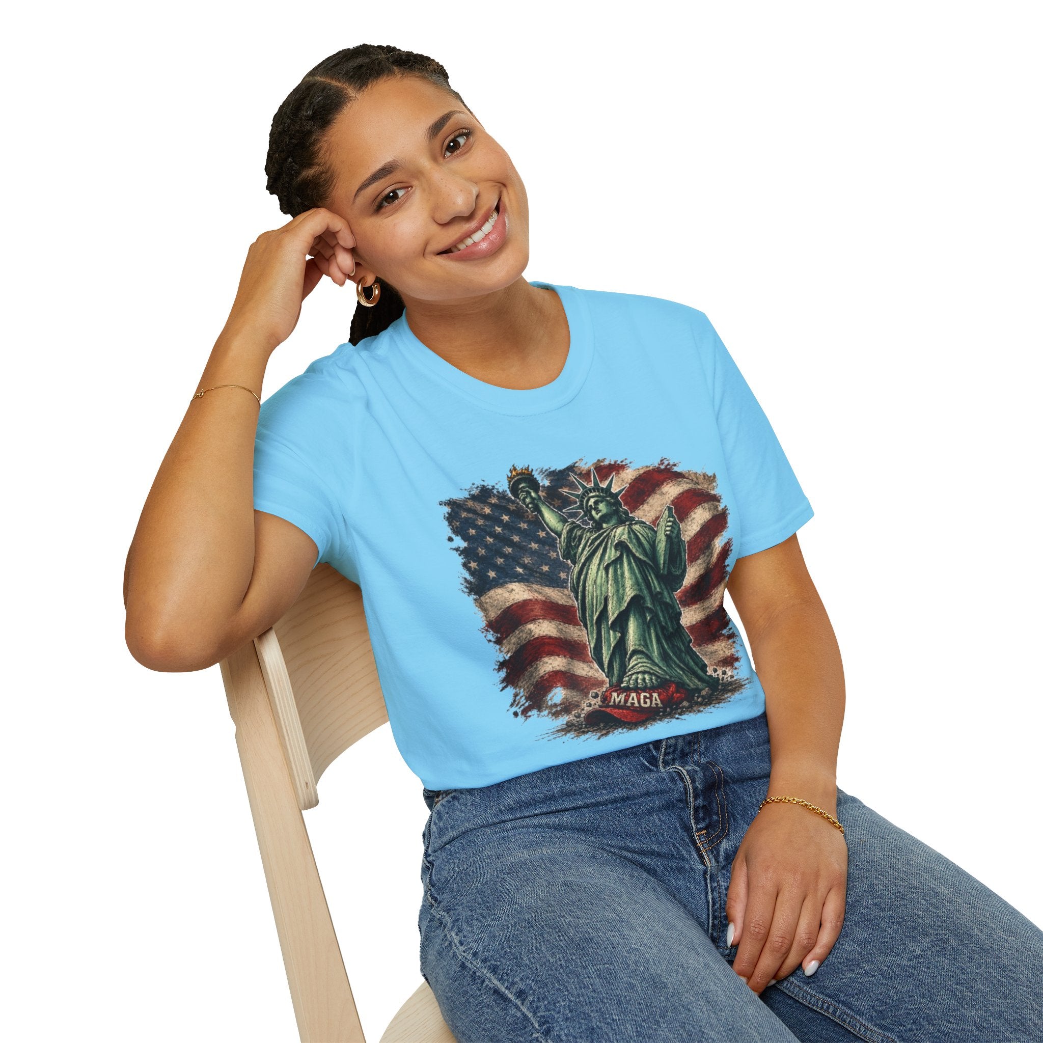 Statue of Liberty Stepping on MAGA American Flag T-Shirt — Patriotic USA Independence Day Tee