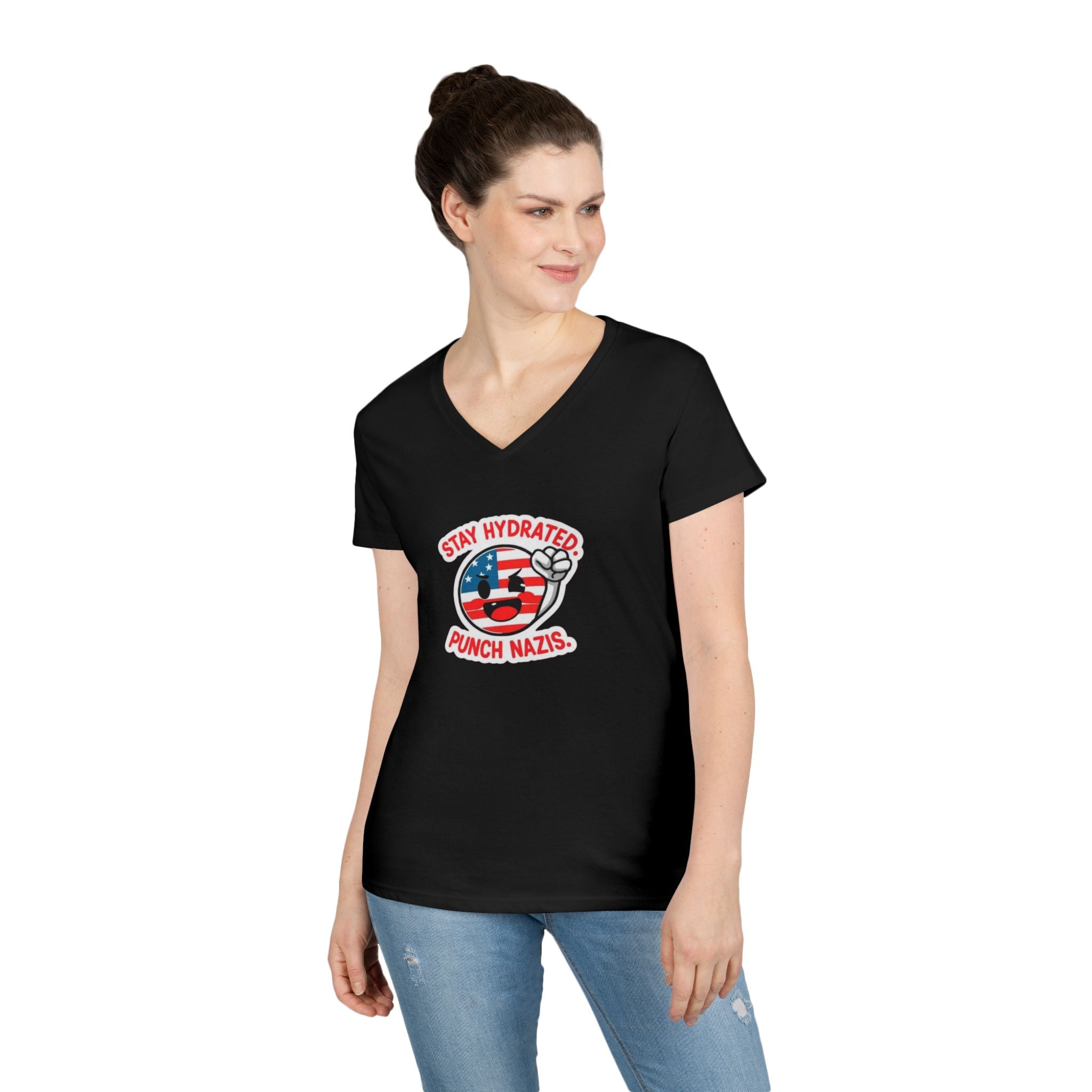 Stay Hydrated Punch Nazis V-Neck T-Shirt - Protest against Fascism Message Tee for Activists