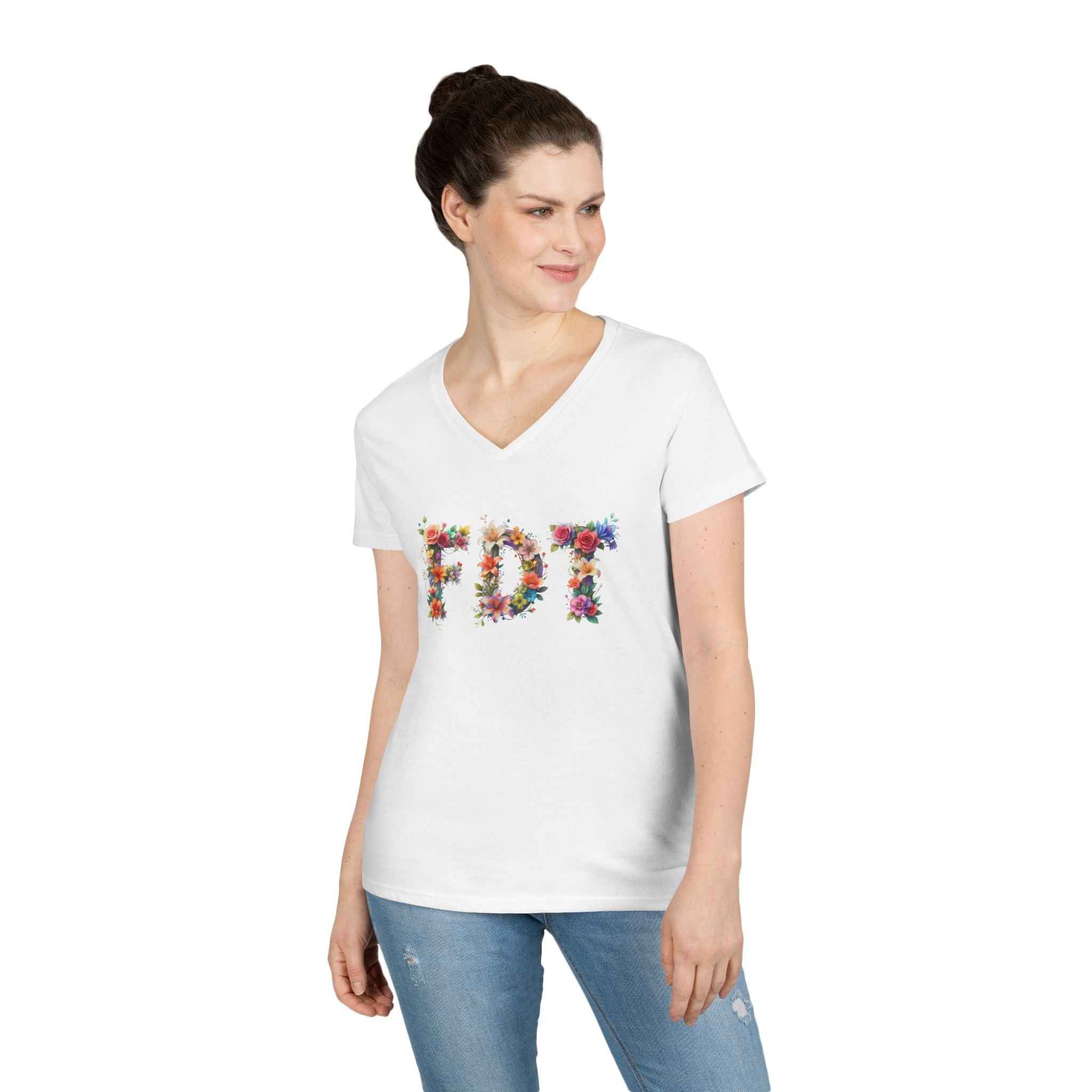 Floral Initials 'FDT' Ladies' V-Neck Tee — Colorful Botanical Monogram Shirt