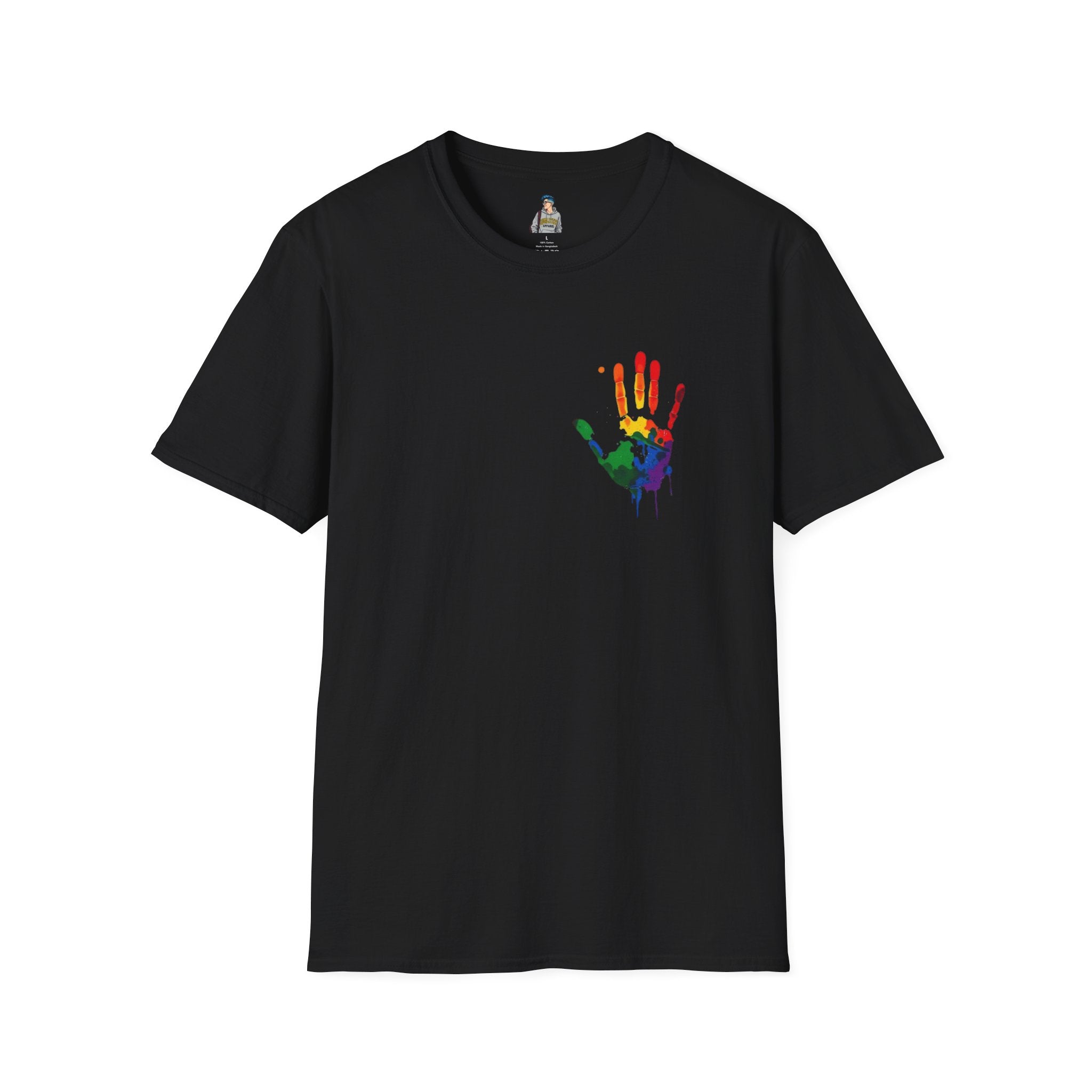 Inclusive Art Unisex Softstyle T-Shirt – ‘ Rainbow Handprint We All Belong’