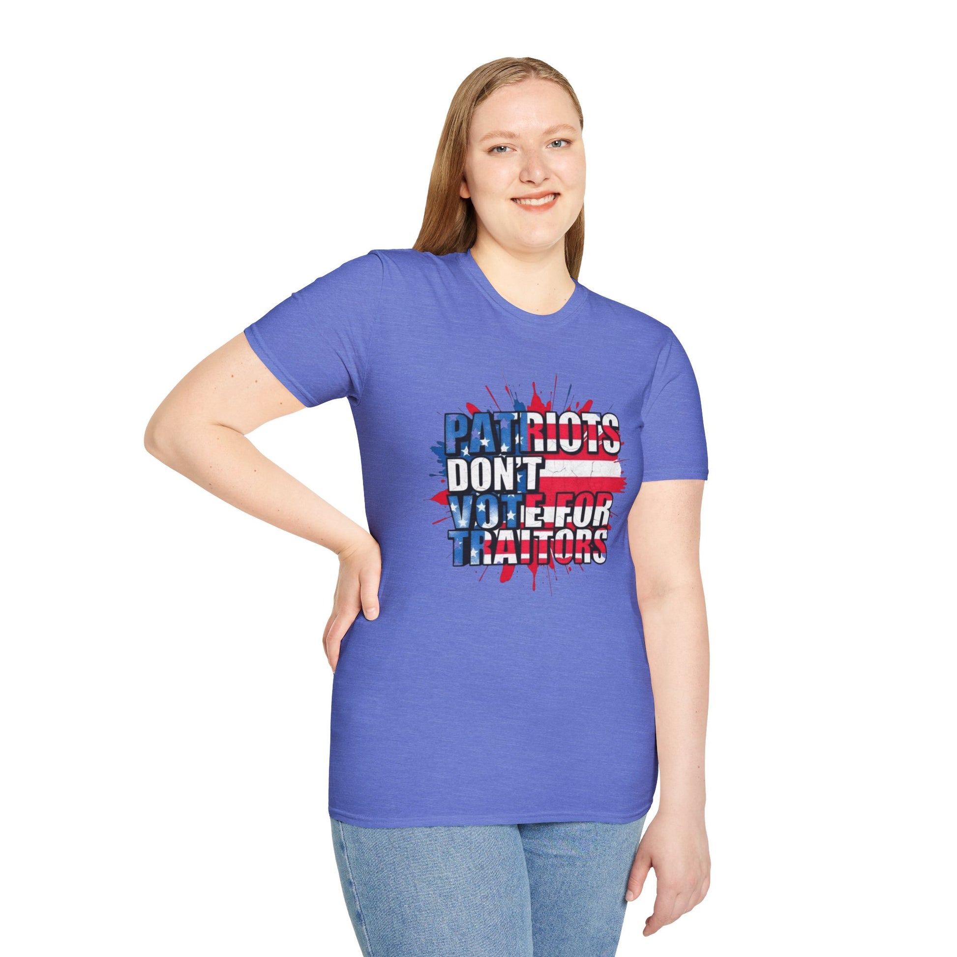 Unisex Softstyle T-Shirt - 'Patriots Don't Vote for Traitors' with USA Flag Design