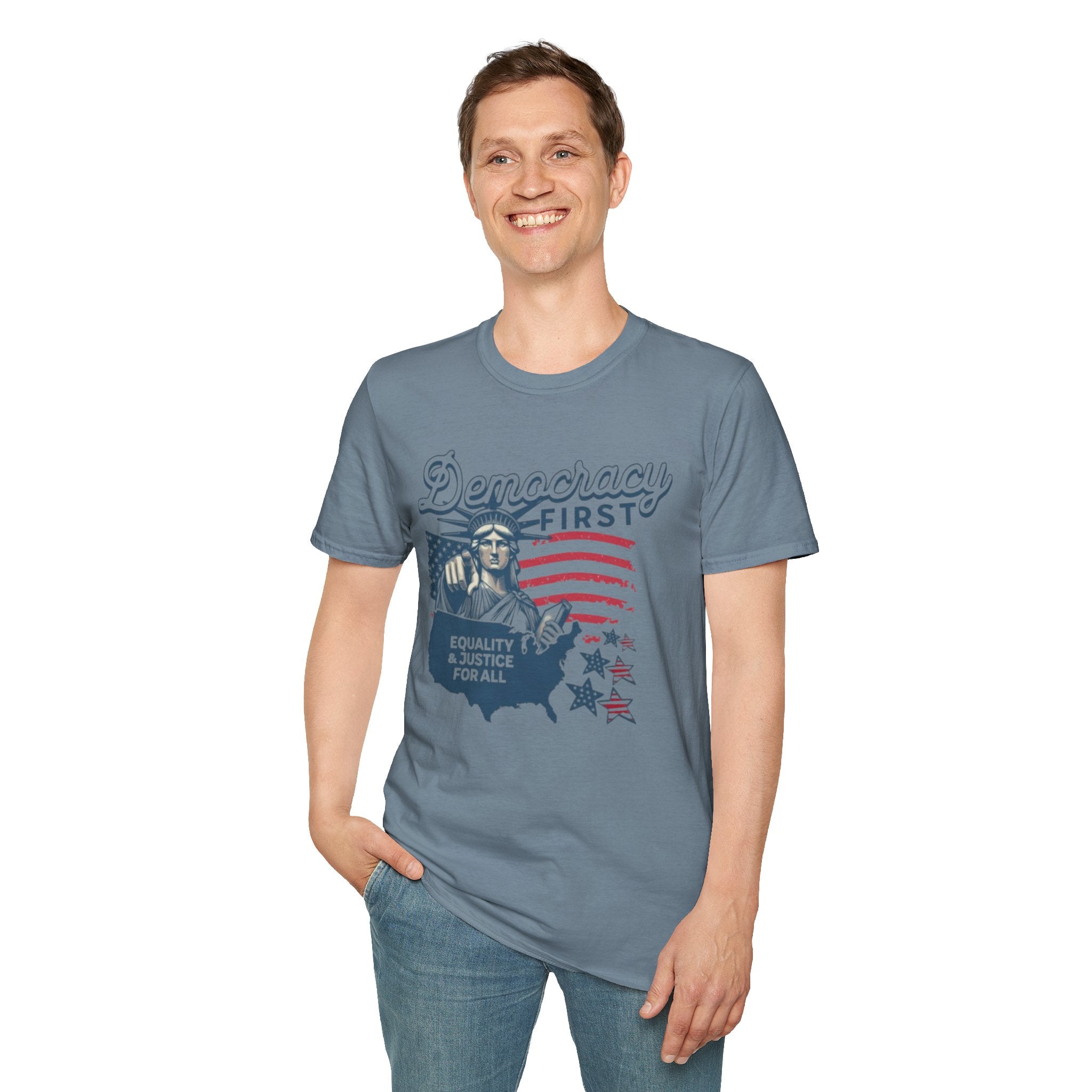 Democracy First T-Shirt | Unisex Softstyle Tee for Equality & Justice