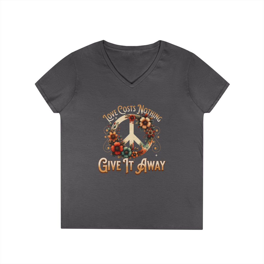 Women's Peace Love T-Shirt - Give It Away | Floral V-Neck Tee for Positive Vibes