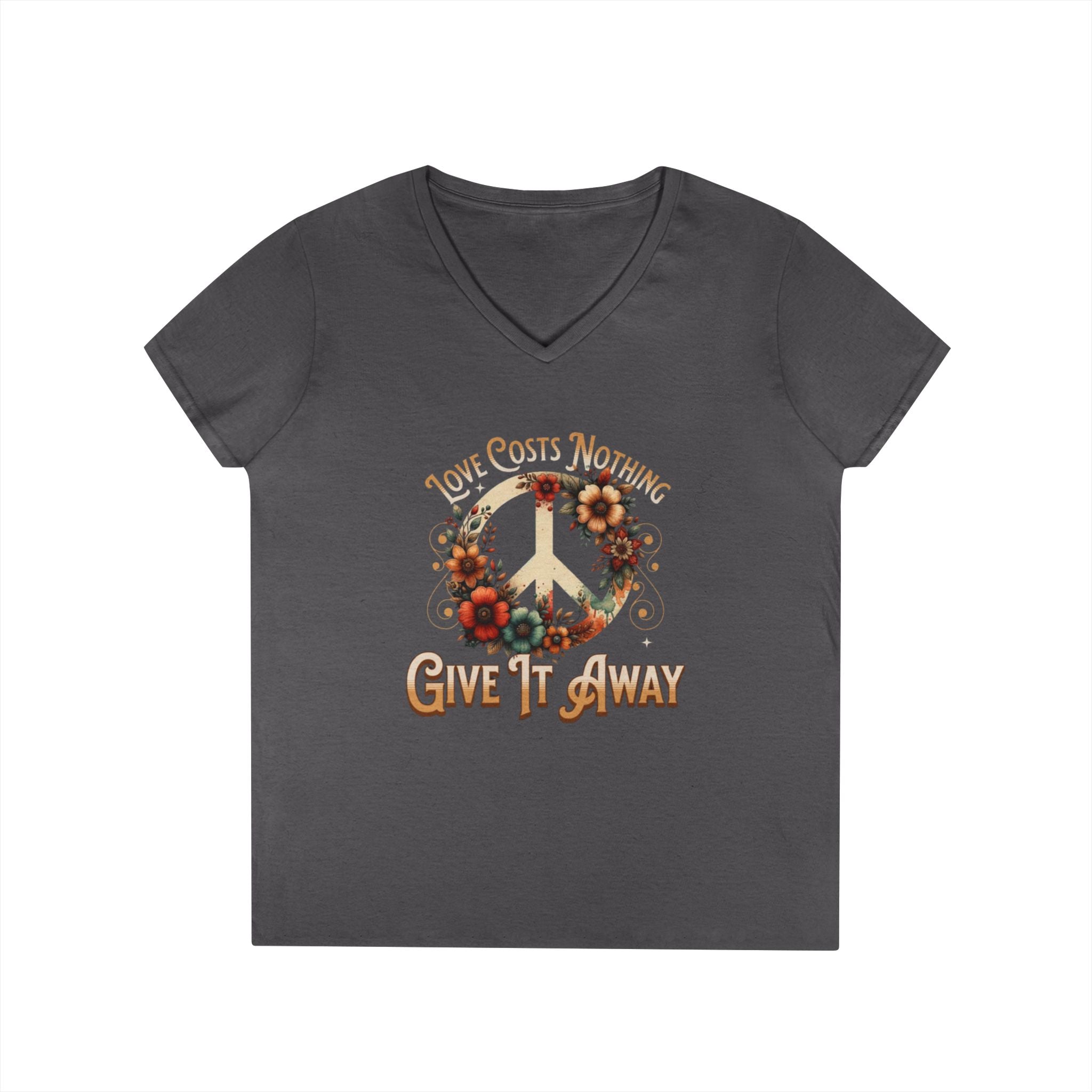Women's Peace Love T-Shirt - Give It Away | Floral V-Neck Tee for Positive Vibes