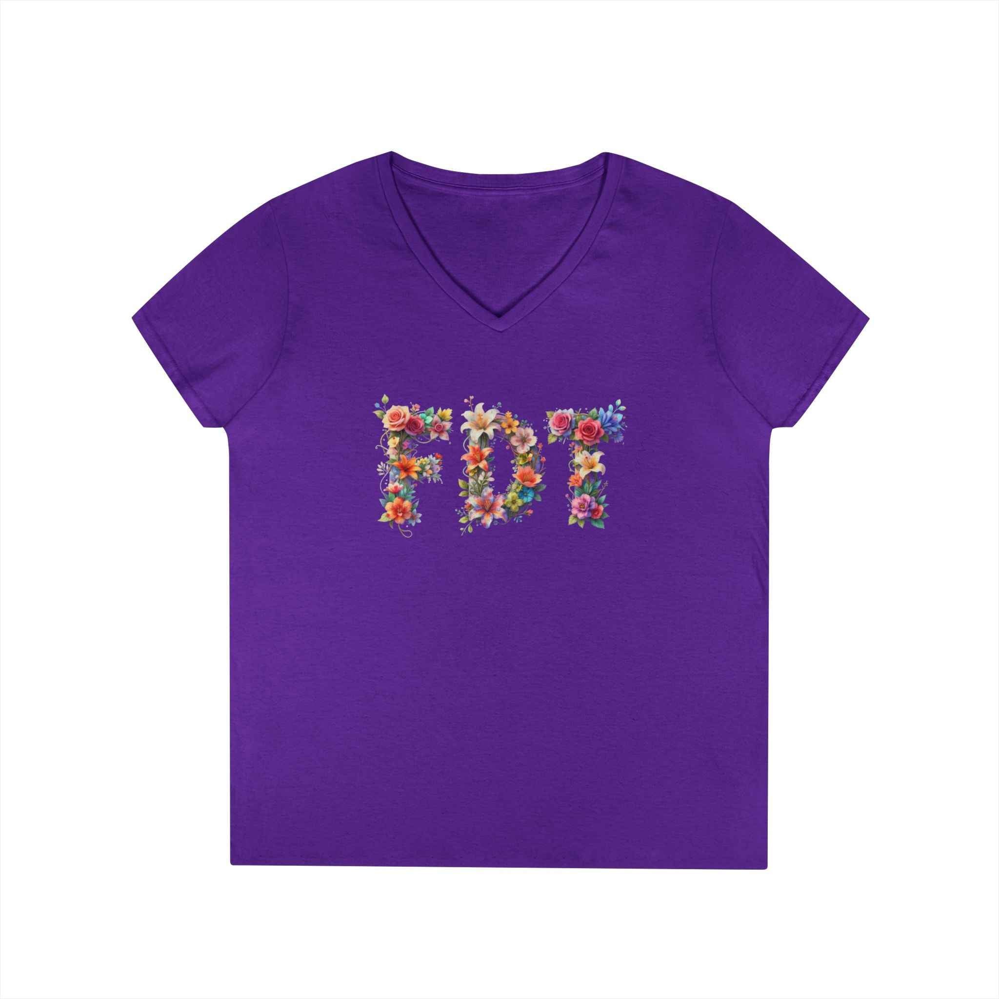 Floral Initials 'FDT' Ladies' V-Neck Tee — Colorful Botanical Monogram Shirt