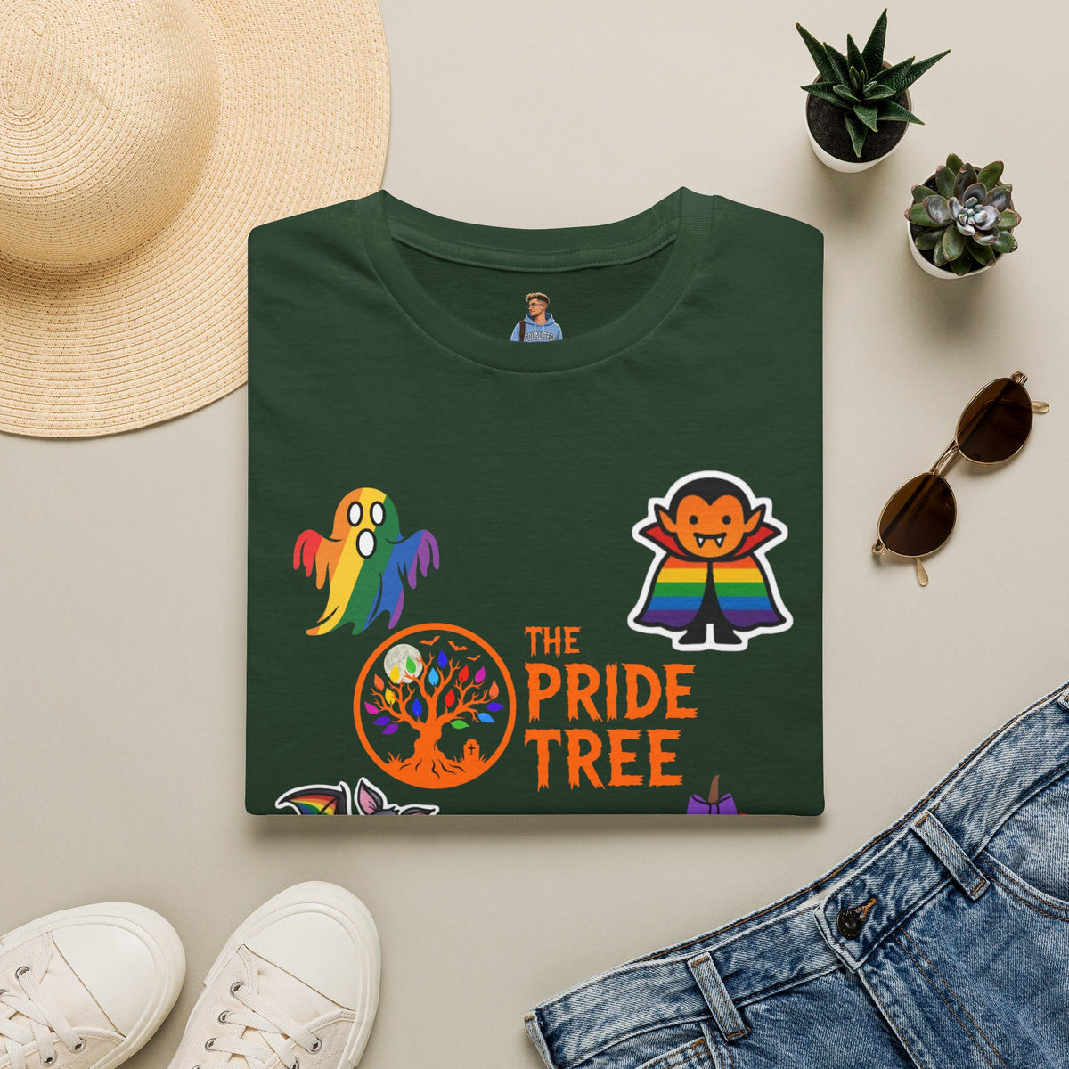 The Pride Tree Halloween T‑Shirt — Rainbow Ghosts, Pumpkins & Bat Graphic Tee