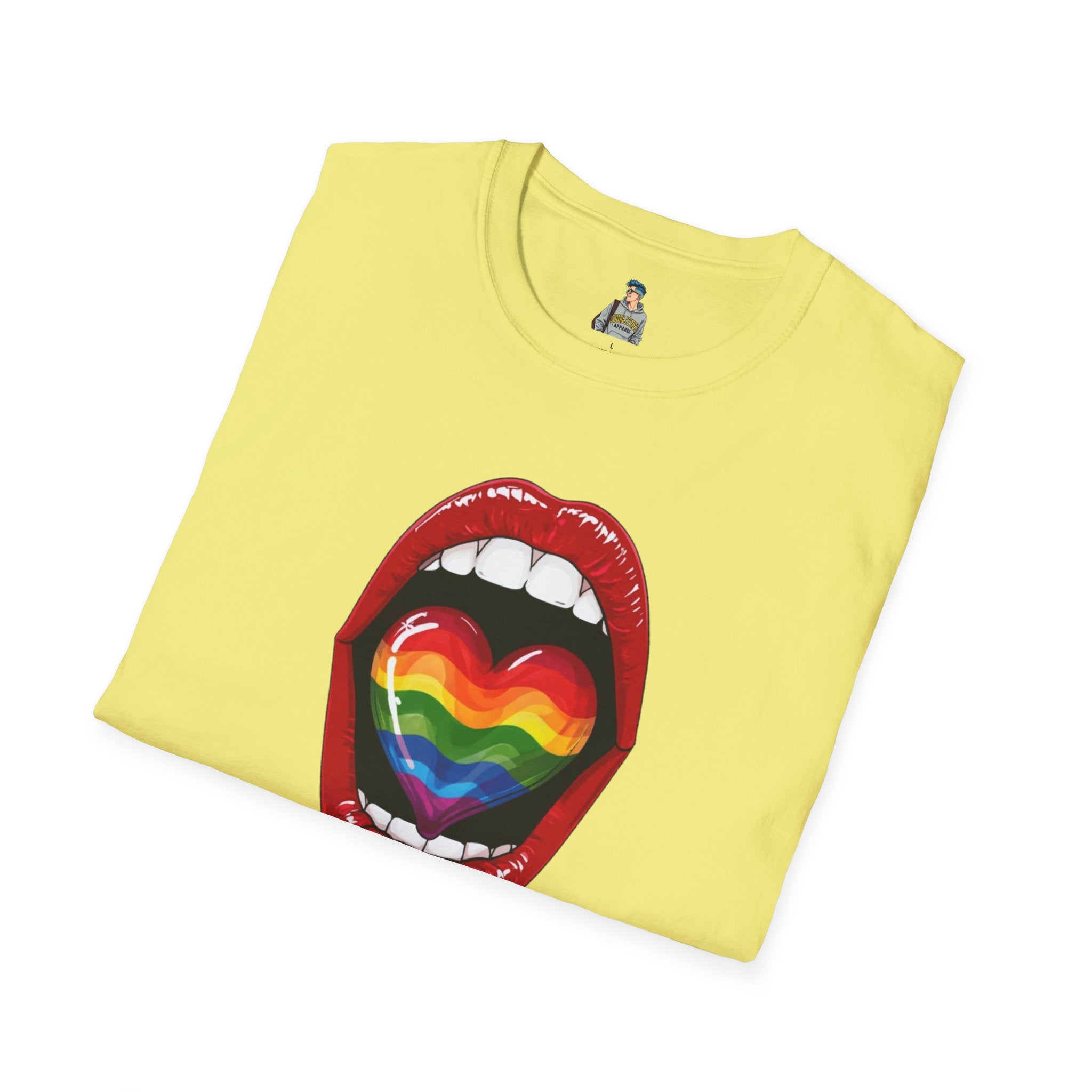Pride Love Unisex Softstyle T-Shirt | LGBTQ+ Rainbow Heart Design