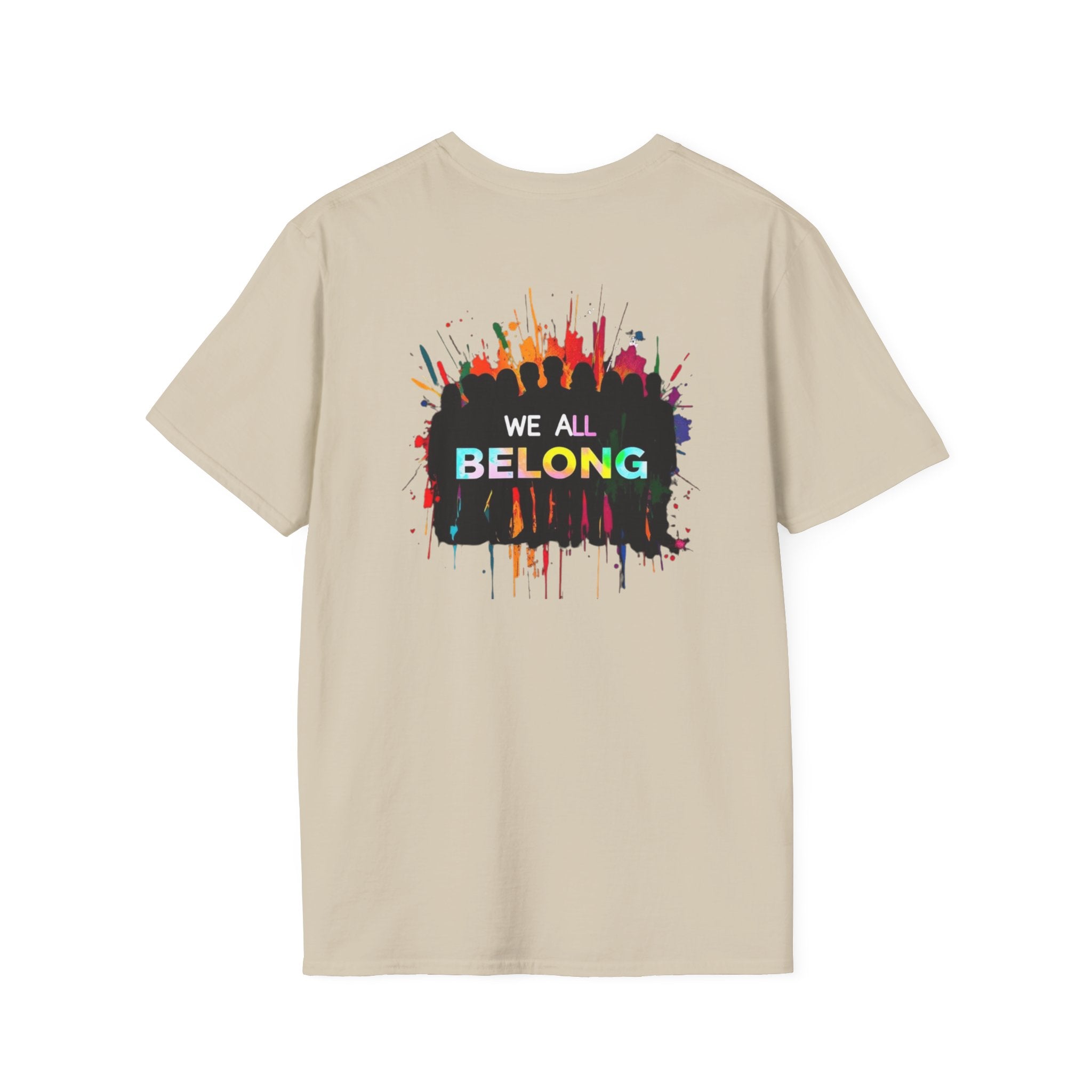 Inclusive Art Unisex Softstyle T-Shirt – ‘ Rainbow Handprint We All Belong’
