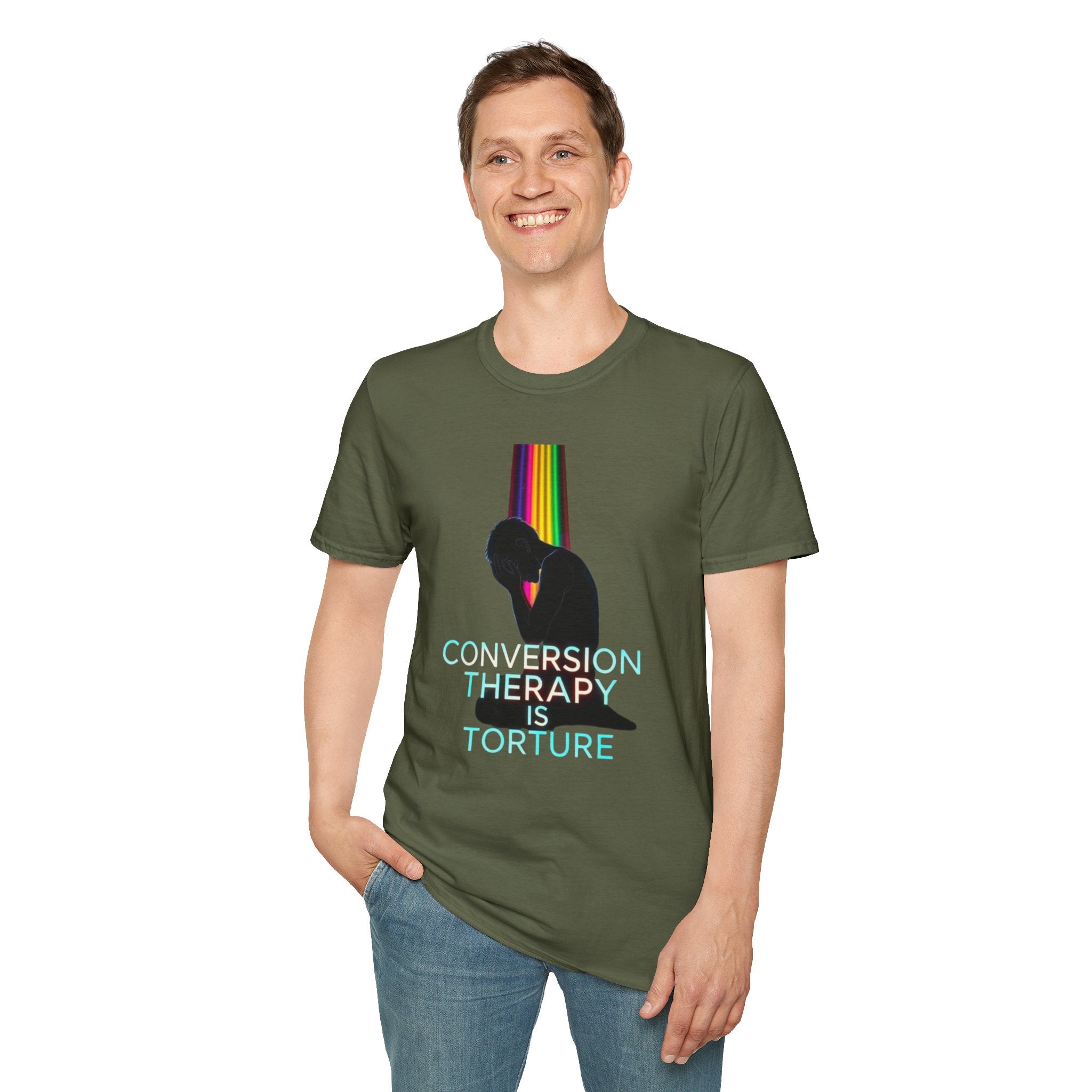 Unisex Softstyle T-Shirt: "Conversion Therapy is Torture" & "We All Belong" - LGBTQ+ Empowerment Tee