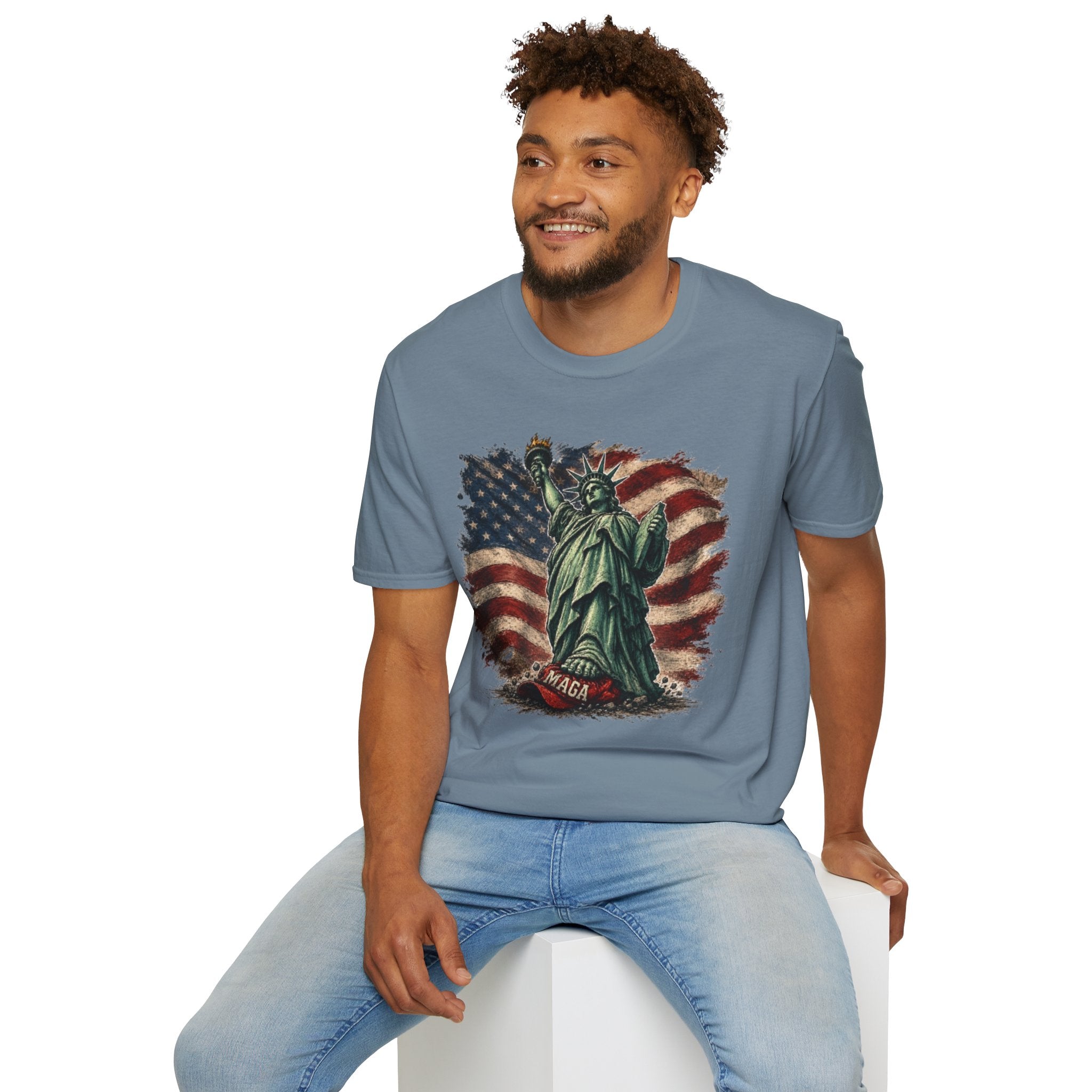 Statue of Liberty Stepping on MAGA American Flag T-Shirt — Patriotic USA Independence Day Tee