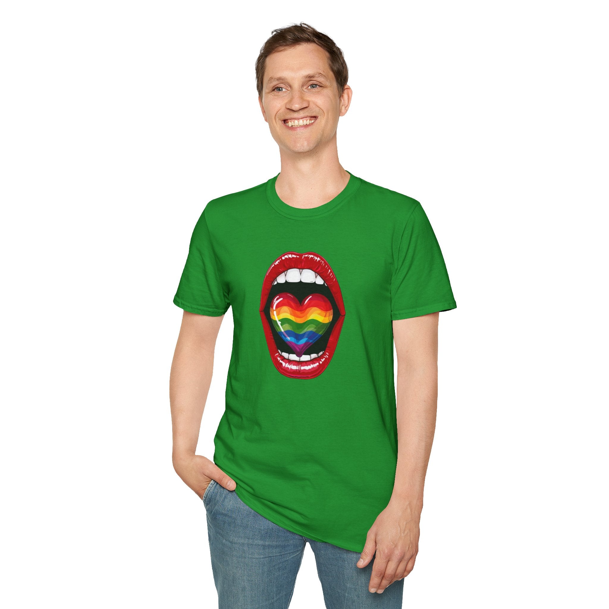 Pride Love Unisex Softstyle T-Shirt | LGBTQ+ Rainbow Heart Design