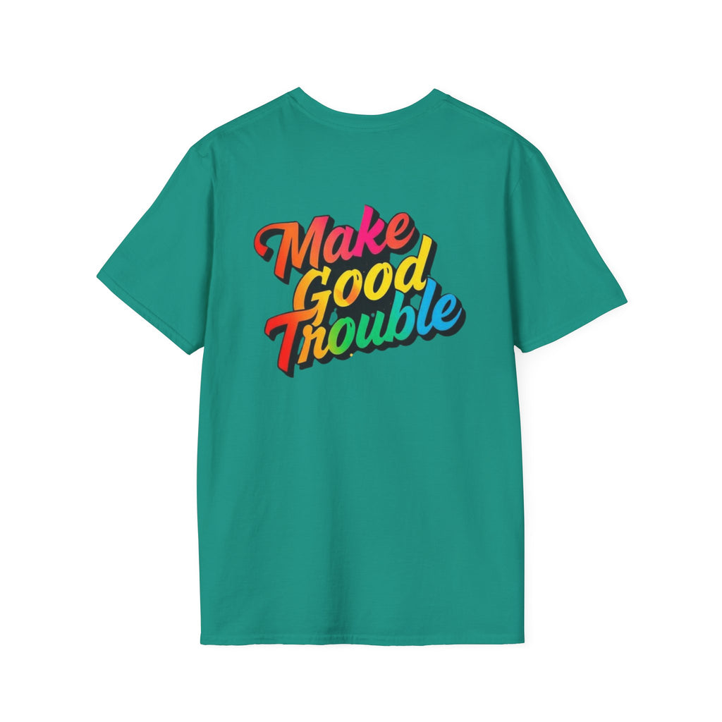 Inspirational Unisex Softstyle T-Shirt - 'Make Good Trouble' Rainbow Statement Tee