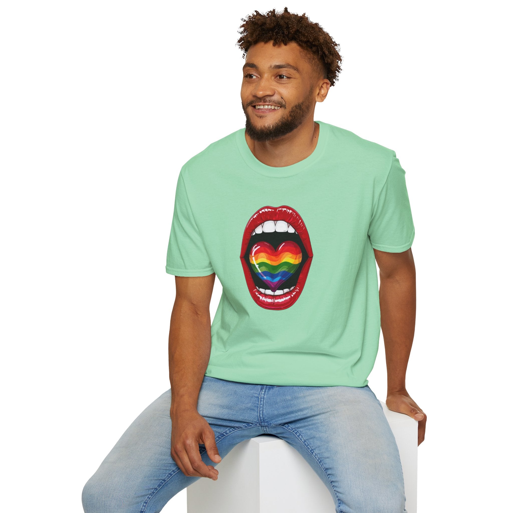 Pride Love Unisex Softstyle T-Shirt | LGBTQ+ Rainbow Heart Design