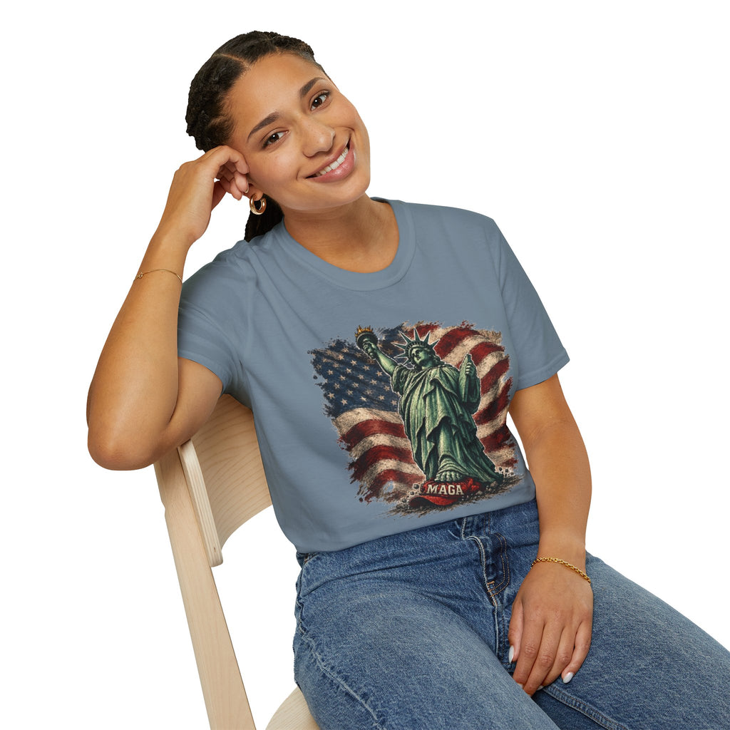 Statue of Liberty Stepping on MAGA American Flag T-Shirt — Patriotic USA Independence Day Tee