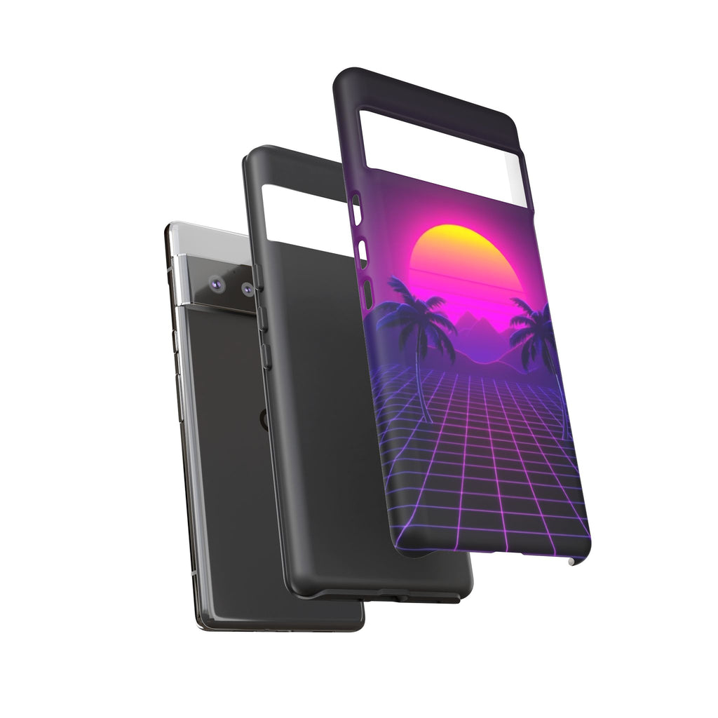 Android OR iPhone Compatible Cases - 80's Digital Grid Sunset Design - Unique Tough Cases