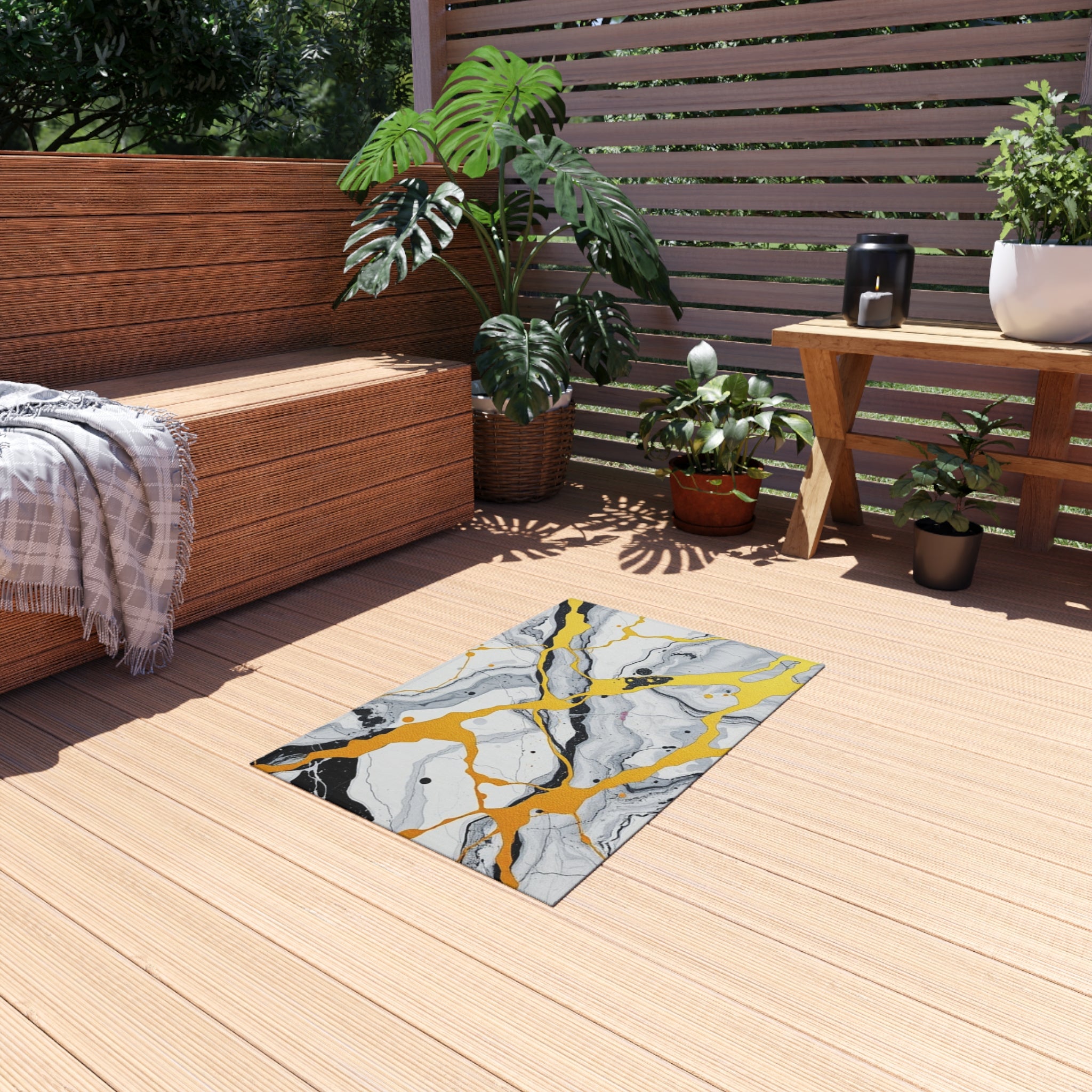 Marble and Gold Design Outdoor Rug - Colorful Decorative Mat for Patios & Gardens