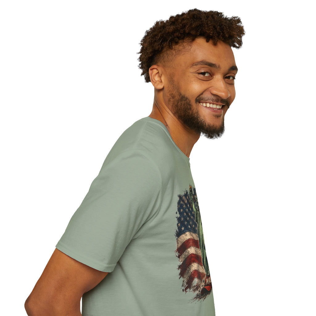 Statue of Liberty Stepping on MAGA American Flag T-Shirt — Patriotic USA Independence Day Tee