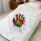 Rainbow Splash Handprint White Background Velveteen Plush Blanket – For Comfort and Warmth