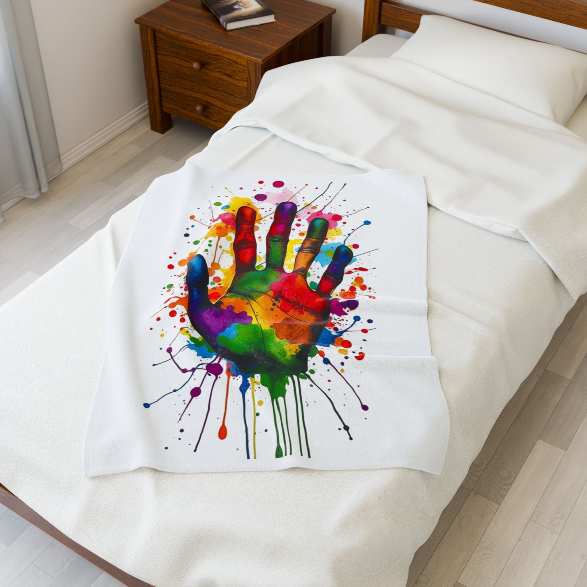 Rainbow Splash Handprint White Background Velveteen Plush Blanket – For Comfort and Warmth