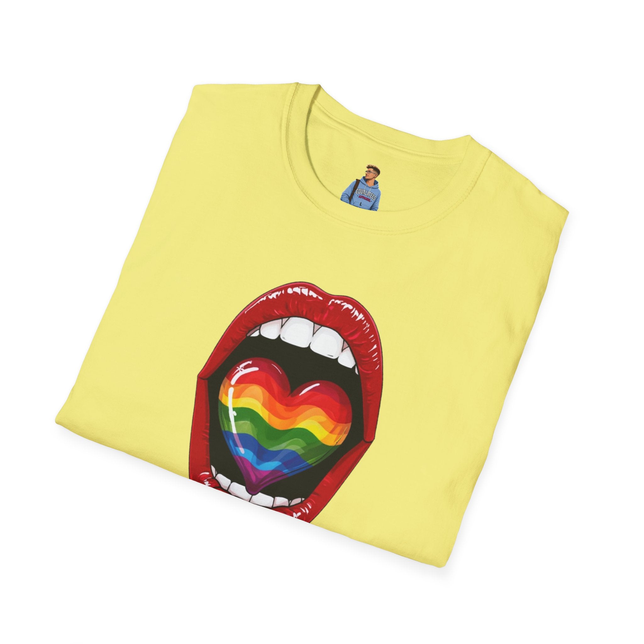 Pride Love Unisex Softstyle T-Shirt | LGBTQ+ Rainbow Heart Design