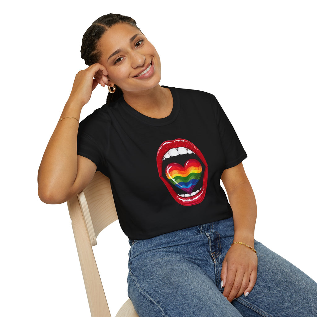 Pride Love Unisex Softstyle T-Shirt | LGBTQ+ Rainbow Heart Design