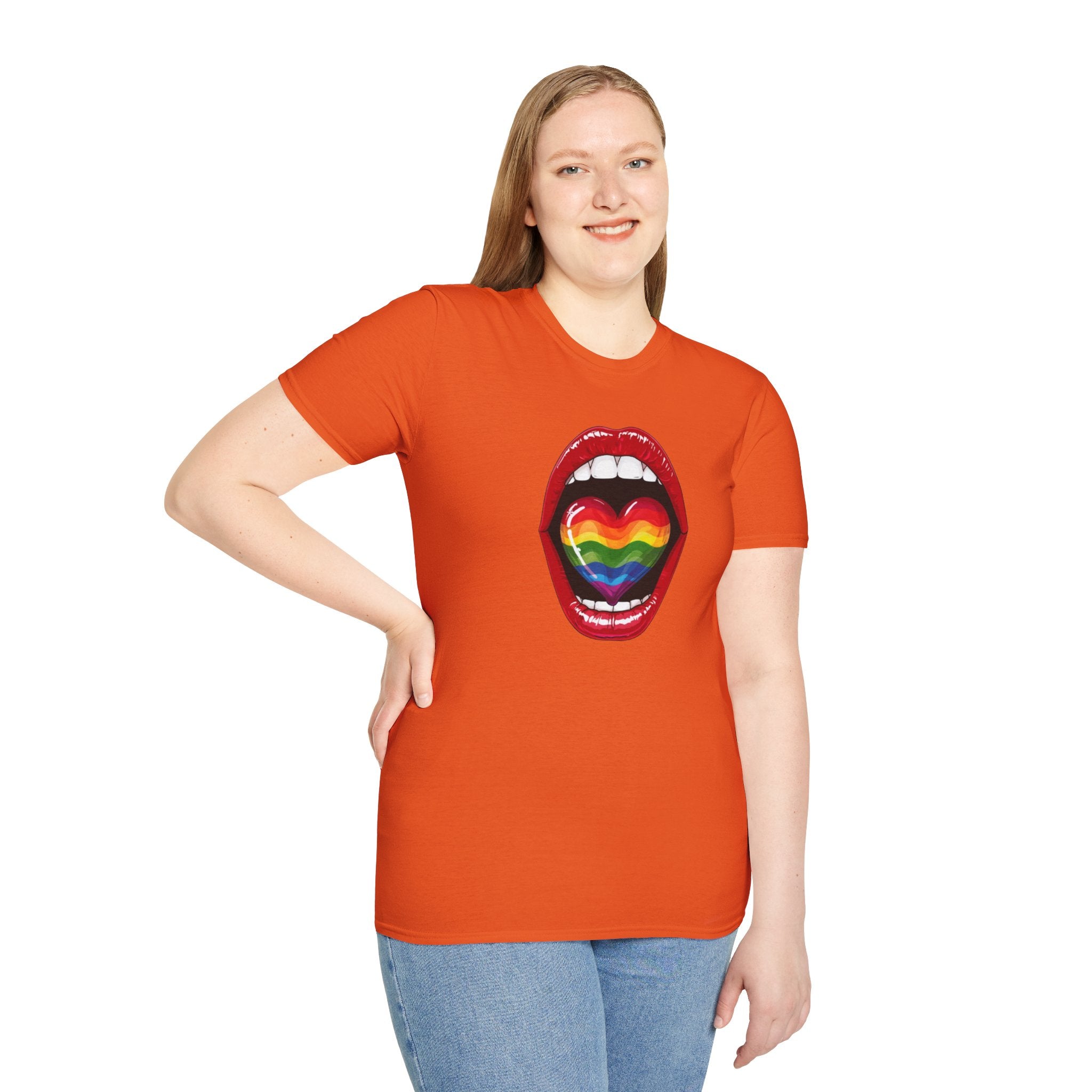 Pride Love Unisex Softstyle T-Shirt | LGBTQ+ Rainbow Heart Design