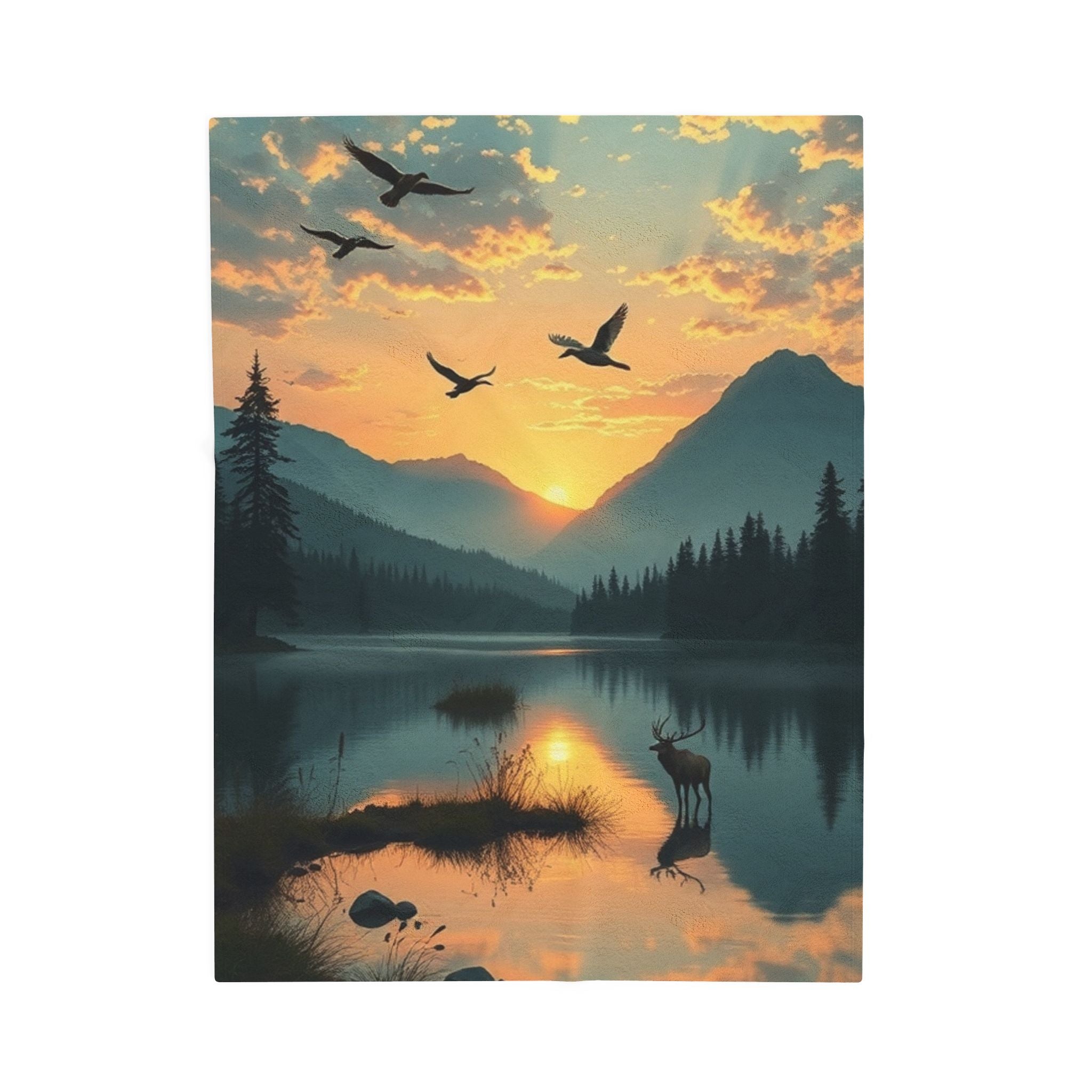 Lake Scene with Elk and Ducks Velveteen Plush Blanket – For Comfort and Warmth