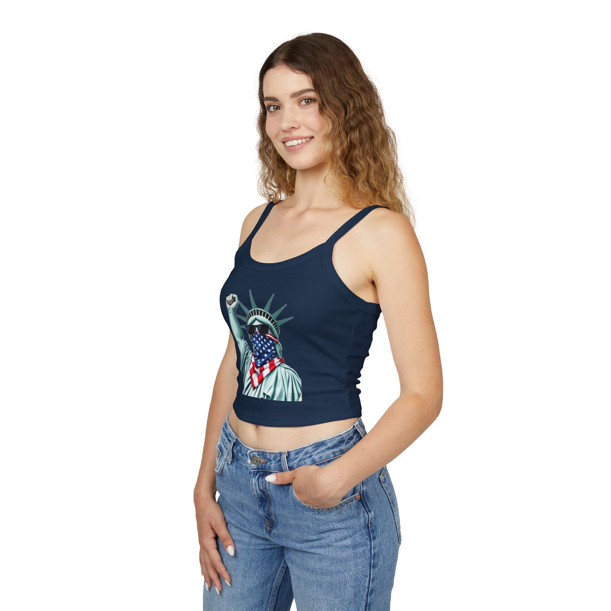 Patriotic Women's Spaghetti Strap Tank Top - Stand With Her Statue of Liberty Design