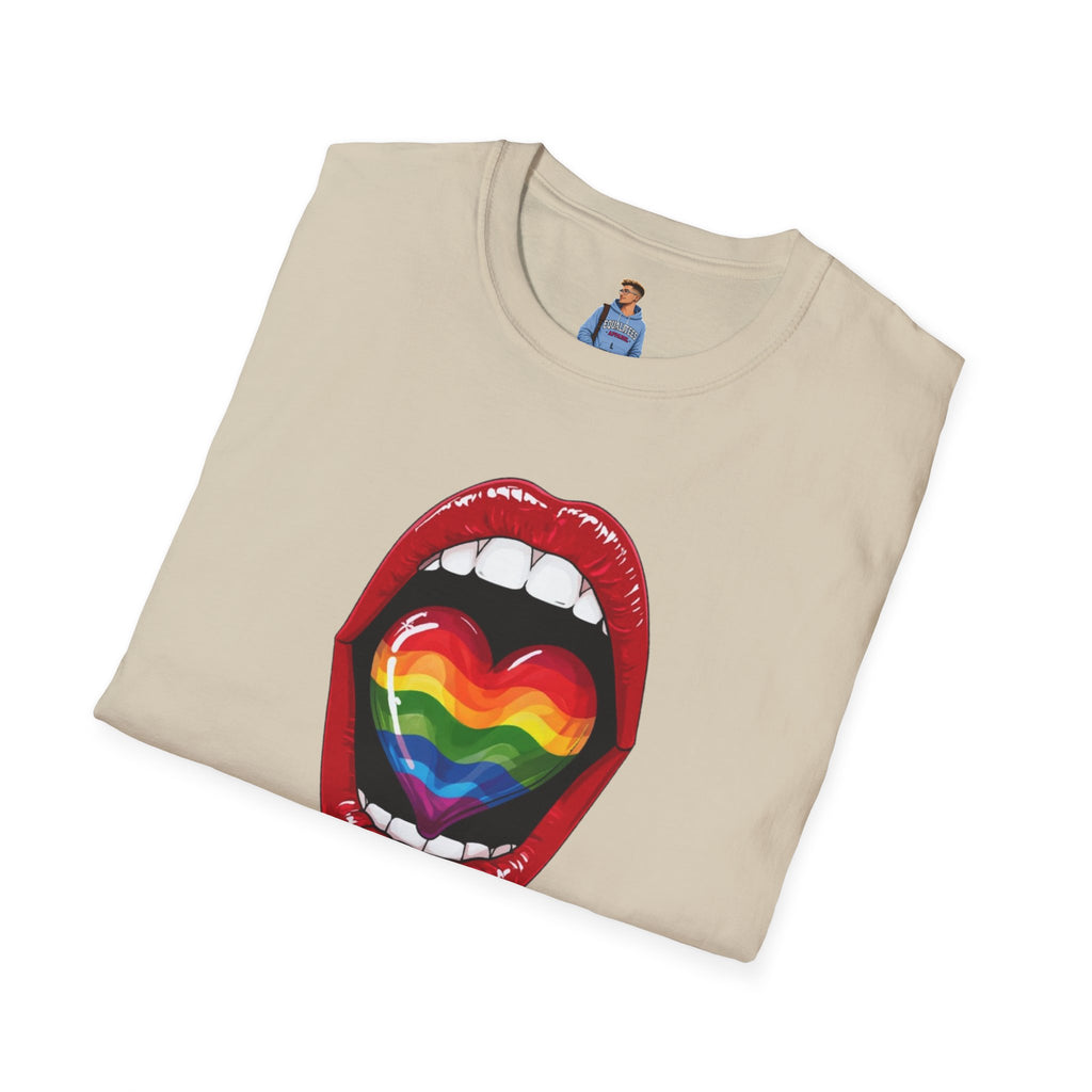 Pride Love Unisex Softstyle T-Shirt | LGBTQ+ Rainbow Heart Design
